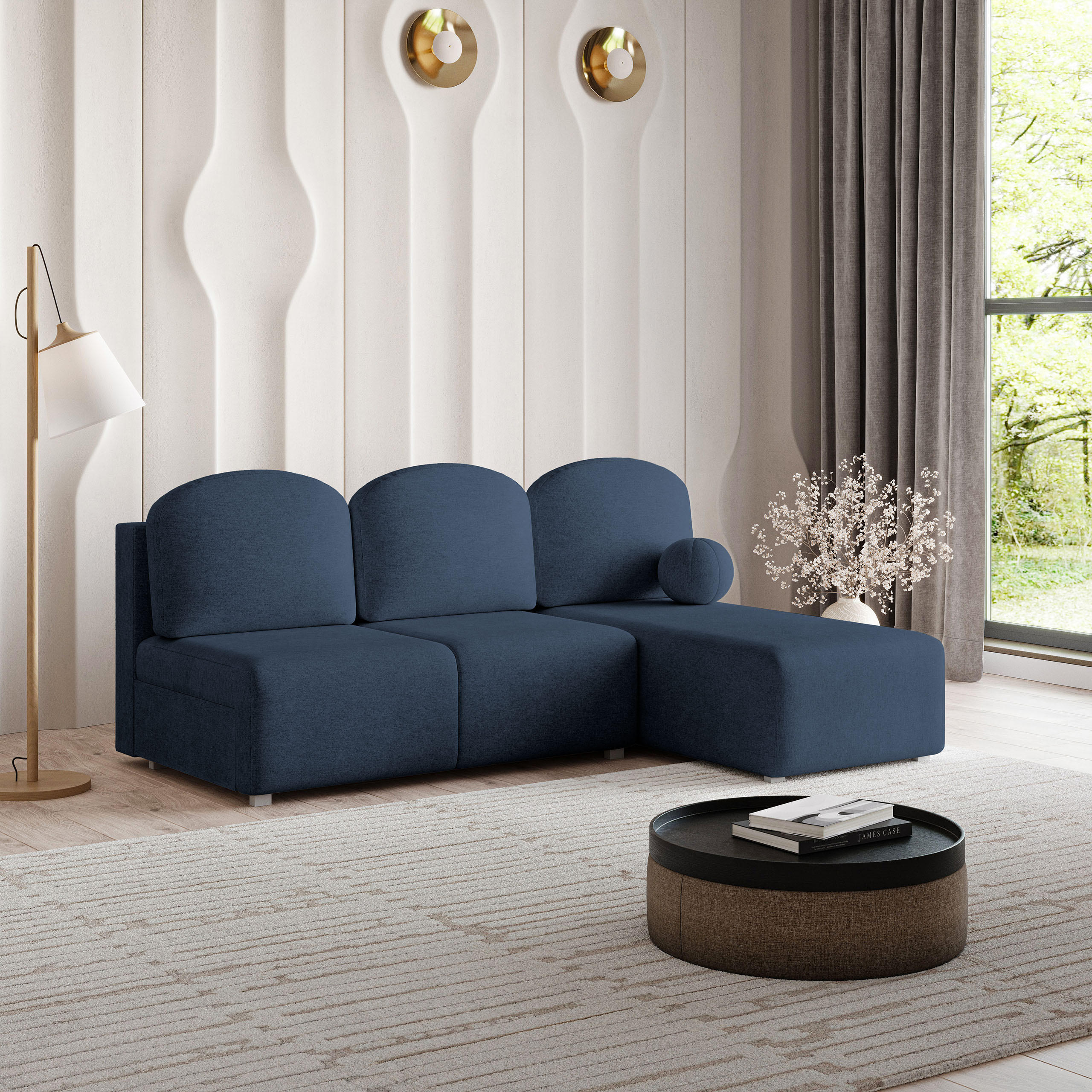 ECKSOFA TRAMA Blau Geflochtener Stoff mit Schlaffunktion - Blau, Holz (200/143cm) - MASSENO