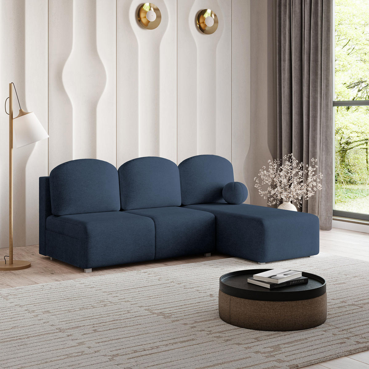 ECKSOFA TRAMA Blau Geflochtener Stoff mit Schlaffunktion - Blau, Holz (200/143cm) - MASSENO