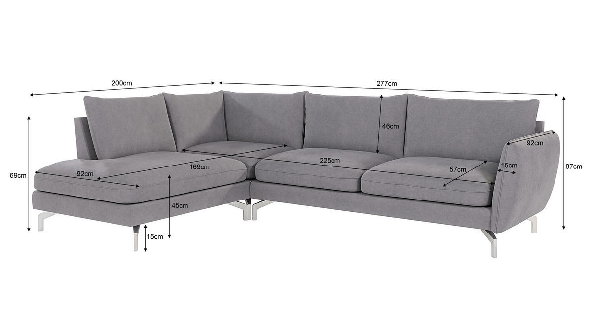 ECKSOFA Elou Grau Microfaser - Chromfarben/Grau, Holz/Textil (277/200cm) - S-Style Möbel