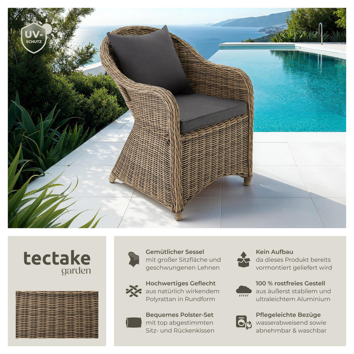 RATTANSESSEL ,71 x 60 x 84 cm,natur - Naturfarben, Kunststoff (60/84/71cm) - tectake