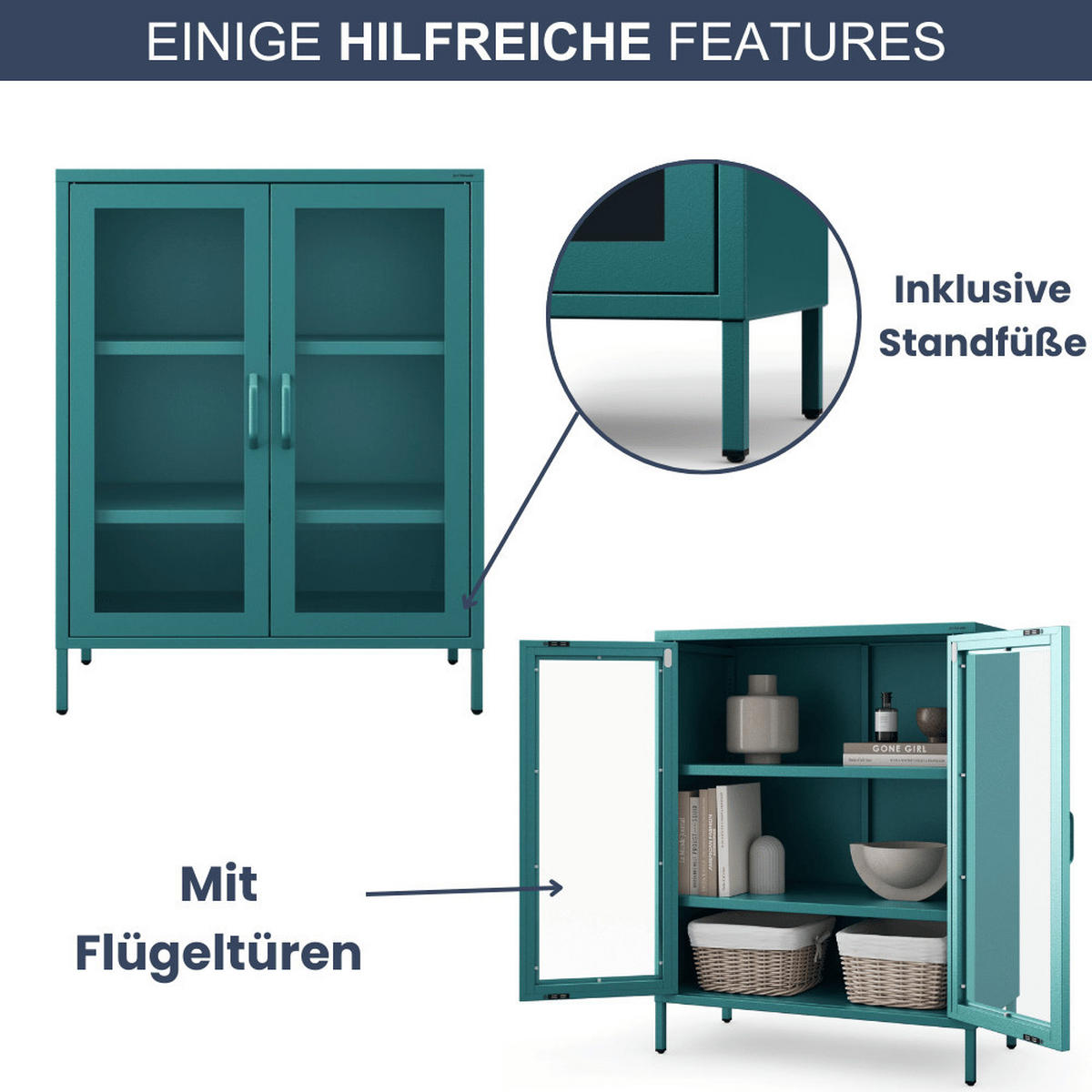 VITRINENSCHRANK Wohnzimmer klein EKER 101,5x80x40cm Türkis - Türkis, Metall (80/101.5/40cm) - DELUKE