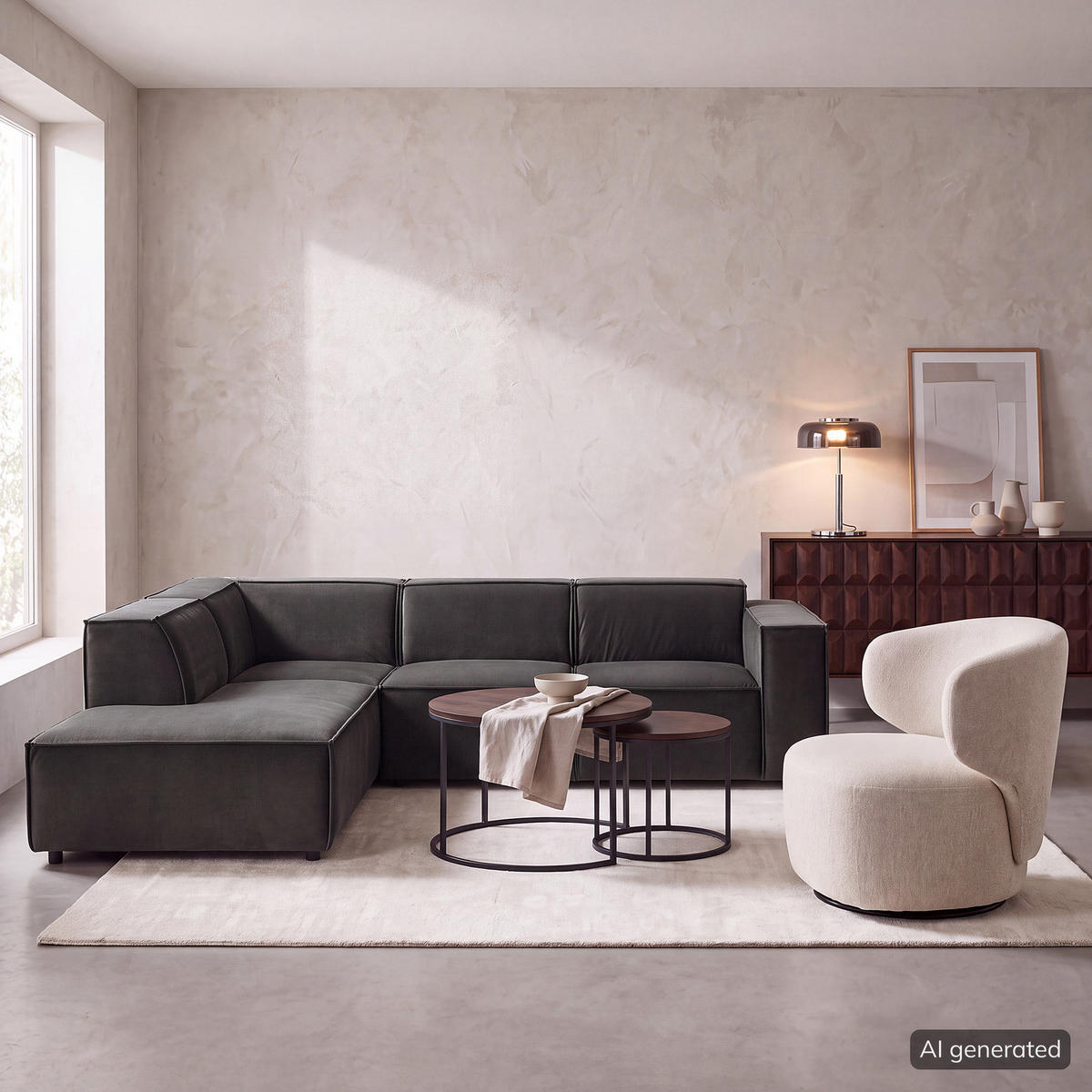 ECKSOFA mit Ottomane - Schwarz/Grau, Kunststoff/Textil (260/234cm) - home24