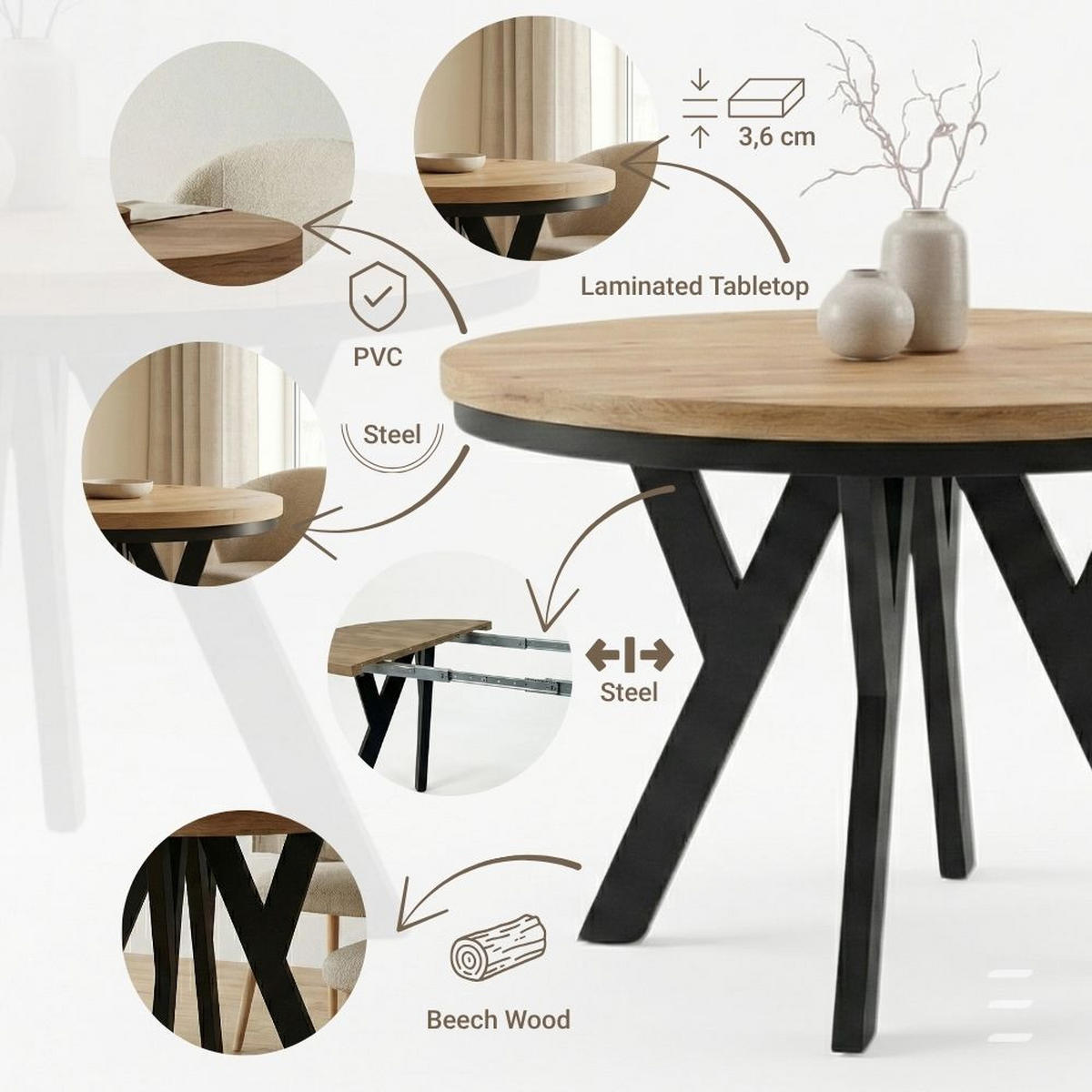 ESSTISCH Runder Ausziehbarer PERO 100/200 mit einem Ring-Gestell, Franklin Nuss / Schwarz - Dunkelbraun/Schwarz, Holz (200/100/77cm) - Dekori_Interiors