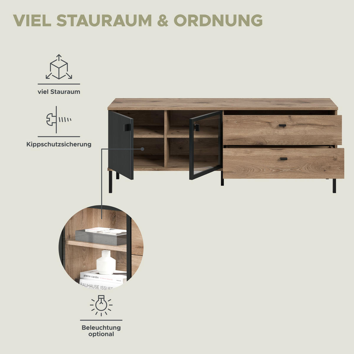 LOWBOARD CHESS (B/H/T: ca. 154/57/41 cm) in Nox Oak Nachbildung/schwarz - Eichefarben, Holzwerkstoff (154/57/41cm)