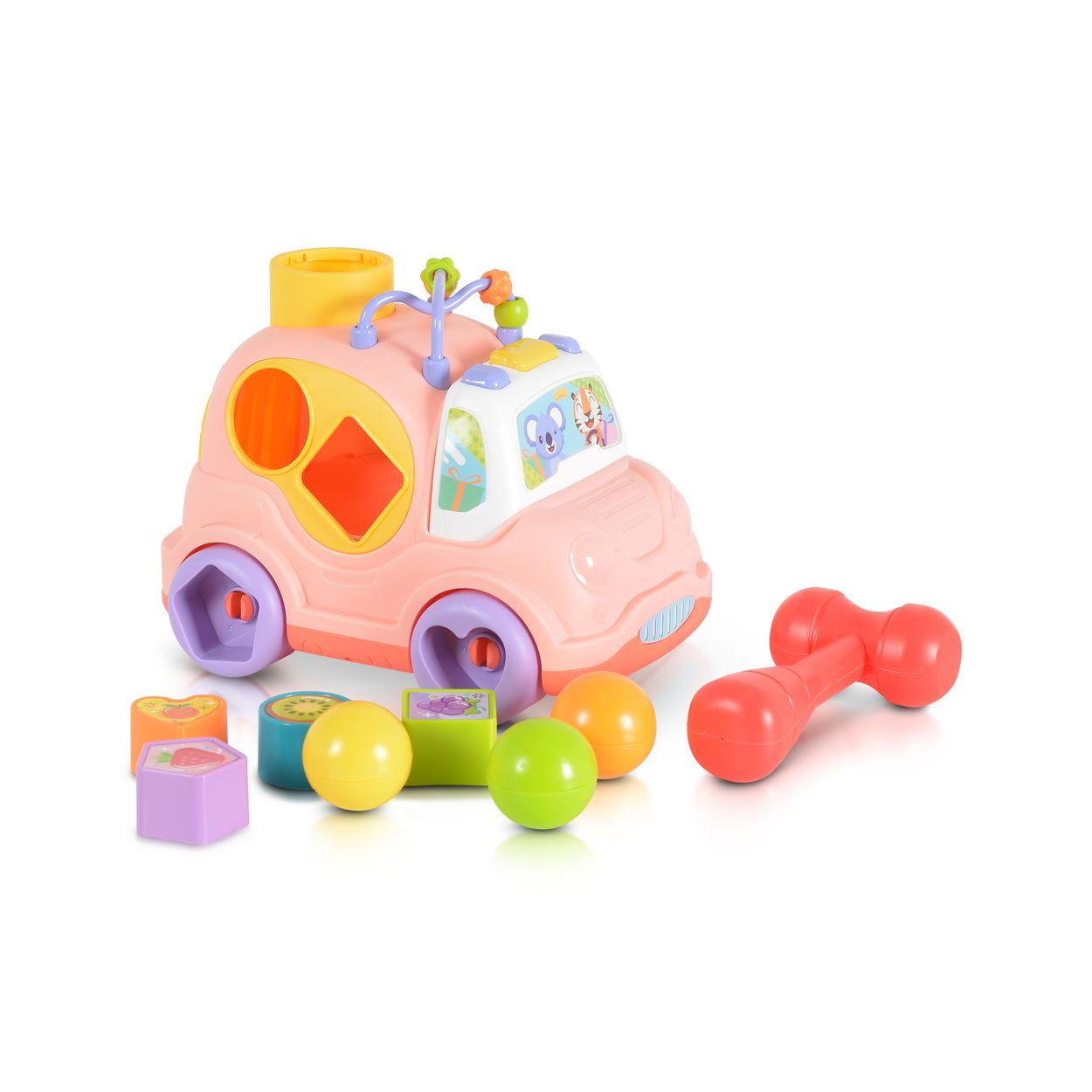 SORTIERSPIEL Auto Musik Licht rosa 4 Formen, Hammer, Motorikschleife, 3 Bälle, ab 18 Monaten, Stauraum - Rosa, Kunststoff (24/15/14cm) - Moni