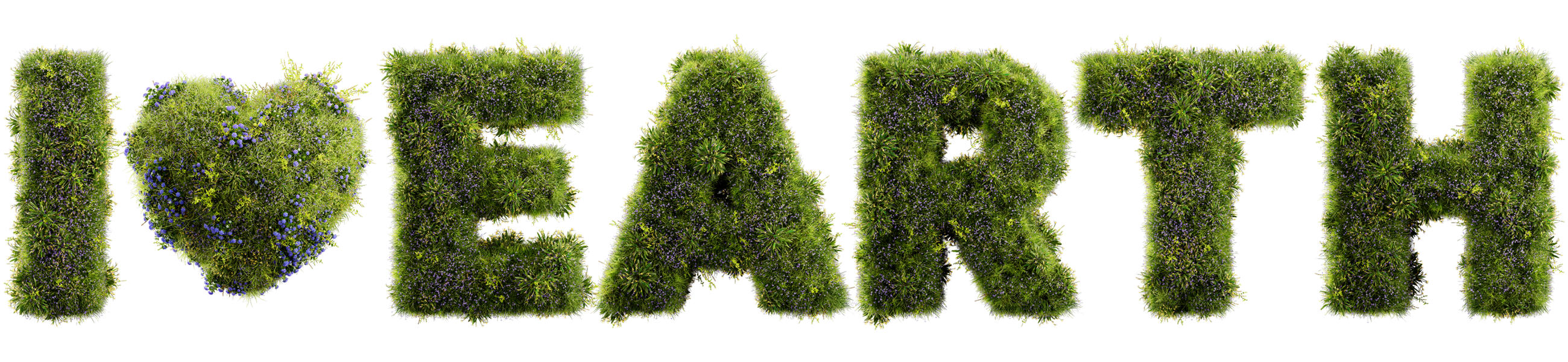 Die Aussage "I LOVE EARTH" besteht aus Gras und Blumen, die eine lebendige, natürliche Darstellung des Begriffs schaffen.