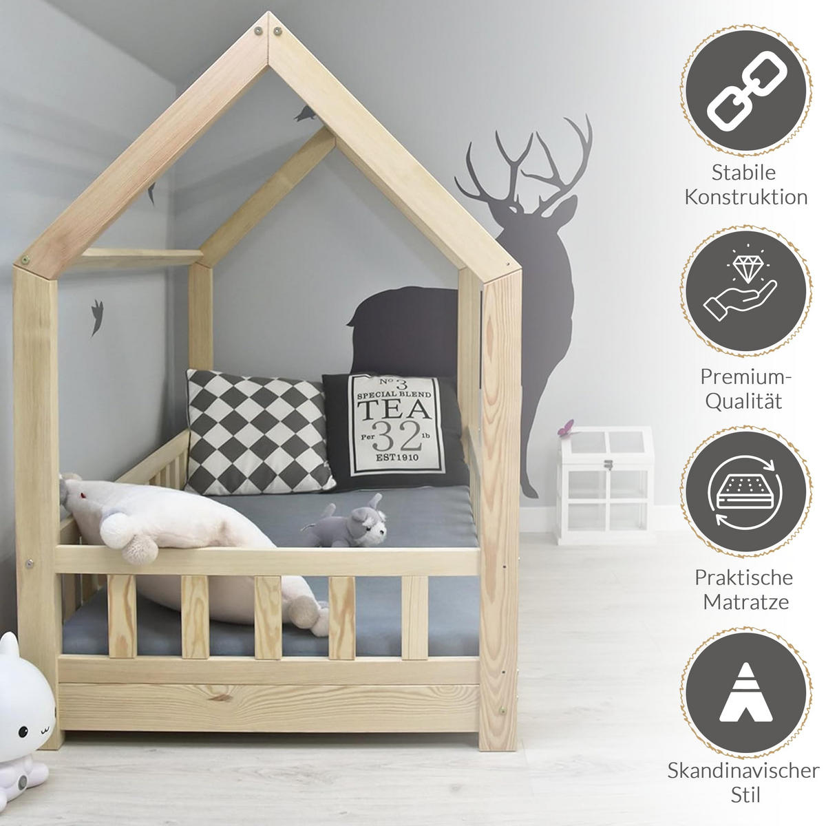 HAUBETT 90 x 200 cm mit Rausfallschutz, aus Massivholz Naturholz - Beige, Holz - Best for Kids