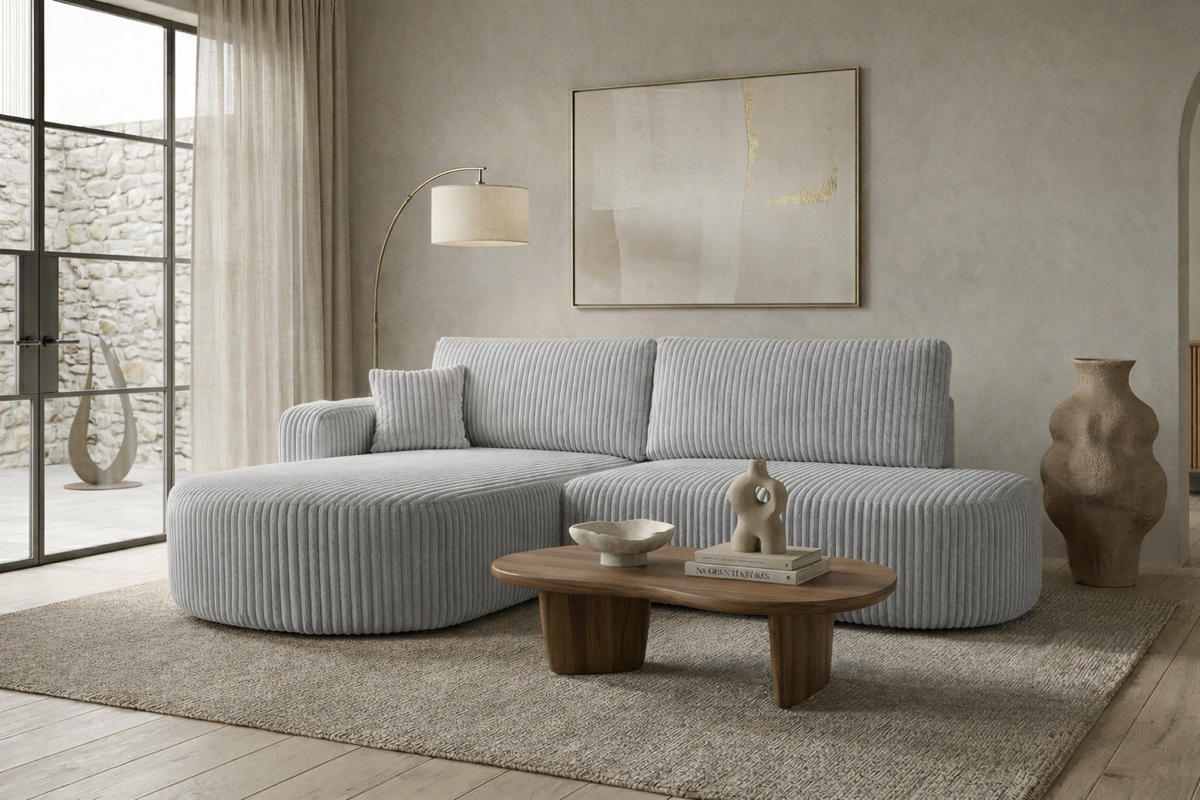 ECKSOFA Mit Schlaffunktion Und Bettkasten, Cordstoff Tilia, Grau, Links, ROUND ONE OPEN XL - Grau, Holz (262/175cm) - Kaiser Möbel