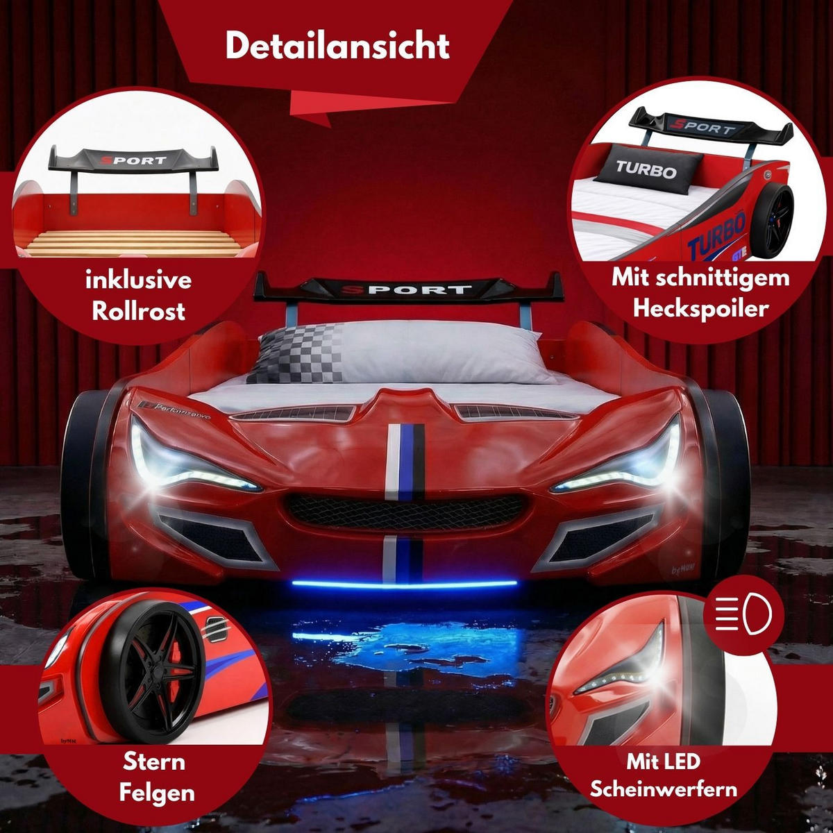 AUTOBETT GTE mit Rollrost, Licht und Sound Farbe Rot - Rot, Holzwerkstoff (90/200cm) - Coemo