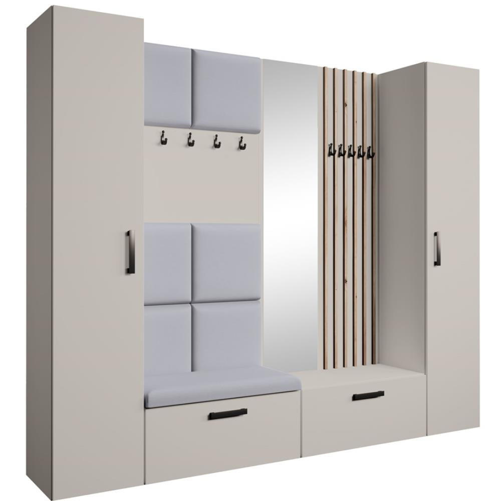 Beautysofa PŘEDSÍŇOVÁ sestava Margaret XL 242/203/43 s čalouněnými panely / lamelami / zrcadlem, kašmírová|dub artisan