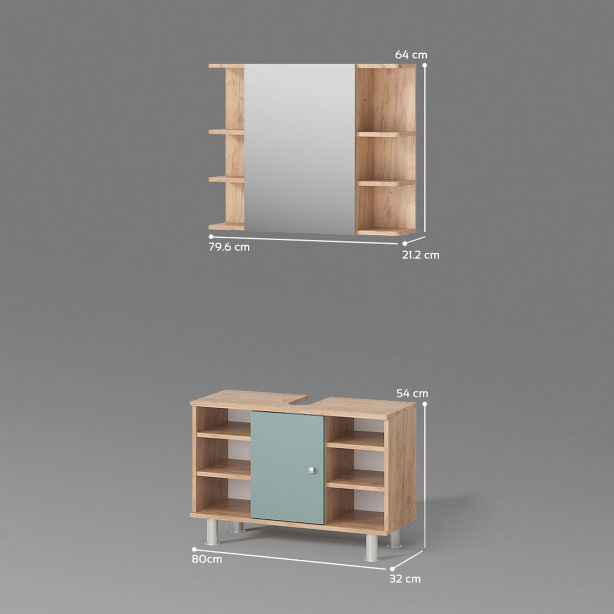 BADMÖBEL-SET Fucino Grün 2 Teile, Unterschrank 80 cm - Eiche Wotan/Grün, Holzwerkstoff (60/54/32cm) - Livinity®