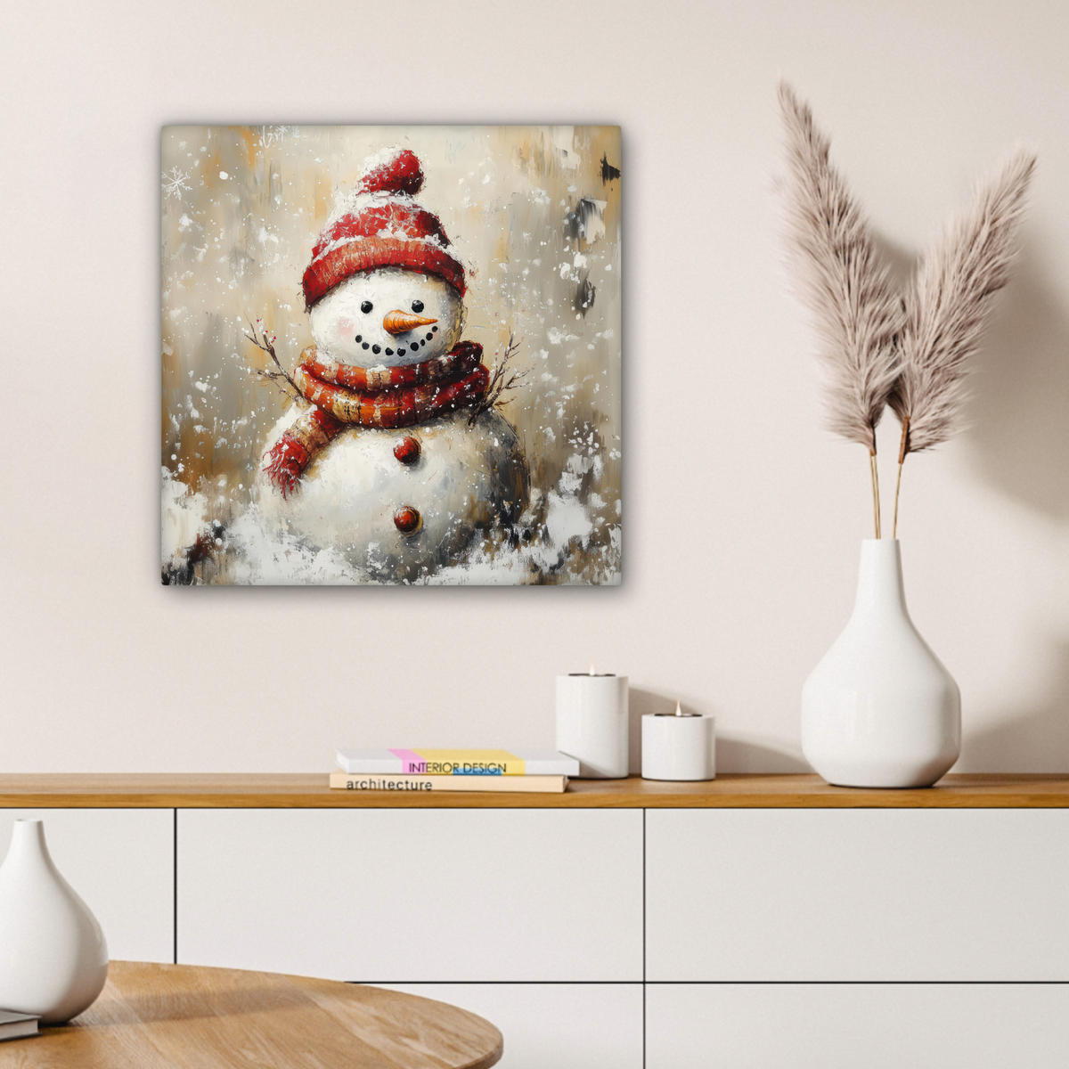 LEINWANDBILD Schneemann - Winter - Schnee - Beige 50x50 cm - Weiß, Textil (50/50cm) - MuchoWow