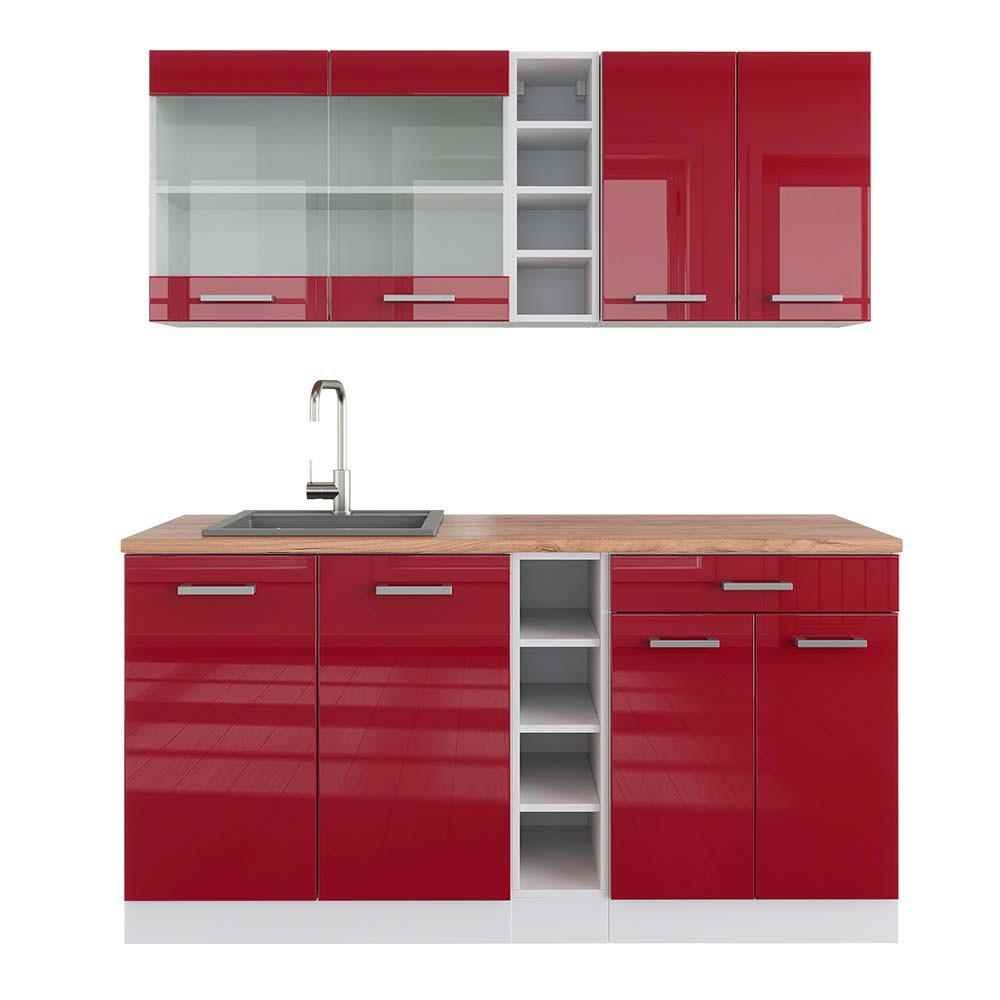 SINGLEKÜCHE R-Line Bordeaux Hochglanz/Weiß 160 cm, AP Eiche - Bordeaux/Weiß, Holzwerkstoff (160/81.6/60cm) - Vicco