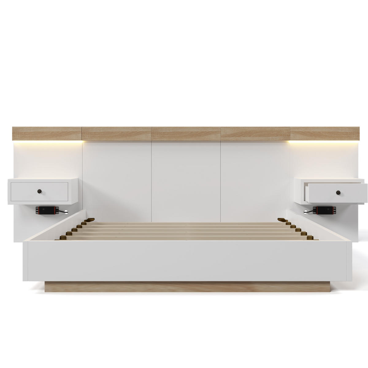 POLSTERBETT Weiß 160x200cm Eiche LED Stauraum Nachttische USB - Beige, Holzwerkstoff/Textil - Urban Meuble