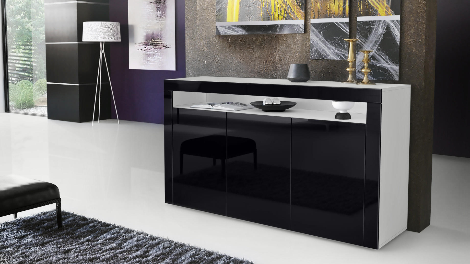 SIDEBOARD Valencia Schwarz Hochglanz / Schwarz Hochglanz - Schwarz Hochglanz, Holzwerkstoff (155/92/40cm) - Vladon