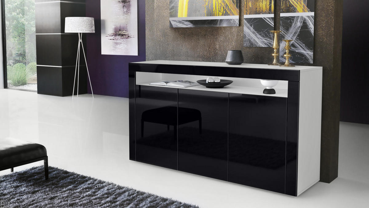 SIDEBOARD Valencia Schwarz Hochglanz / Schwarz Hochglanz - Schwarz Hochglanz, Holzwerkstoff (155/92/40cm) - Vladon
