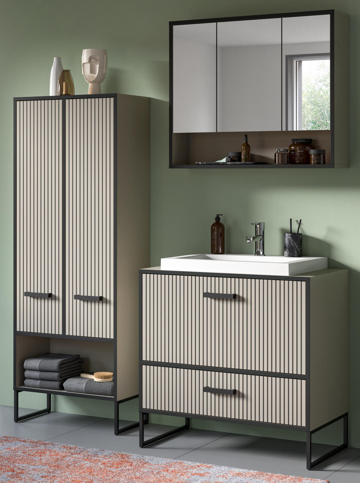BADMÖBEL-SET schwarz, sand mit Waschbecken 154 cm, Kombination mit Soft-Close - Sandfarben/Schwarz, Glas/Keramik (154/192/48cm) - Inn.Furn