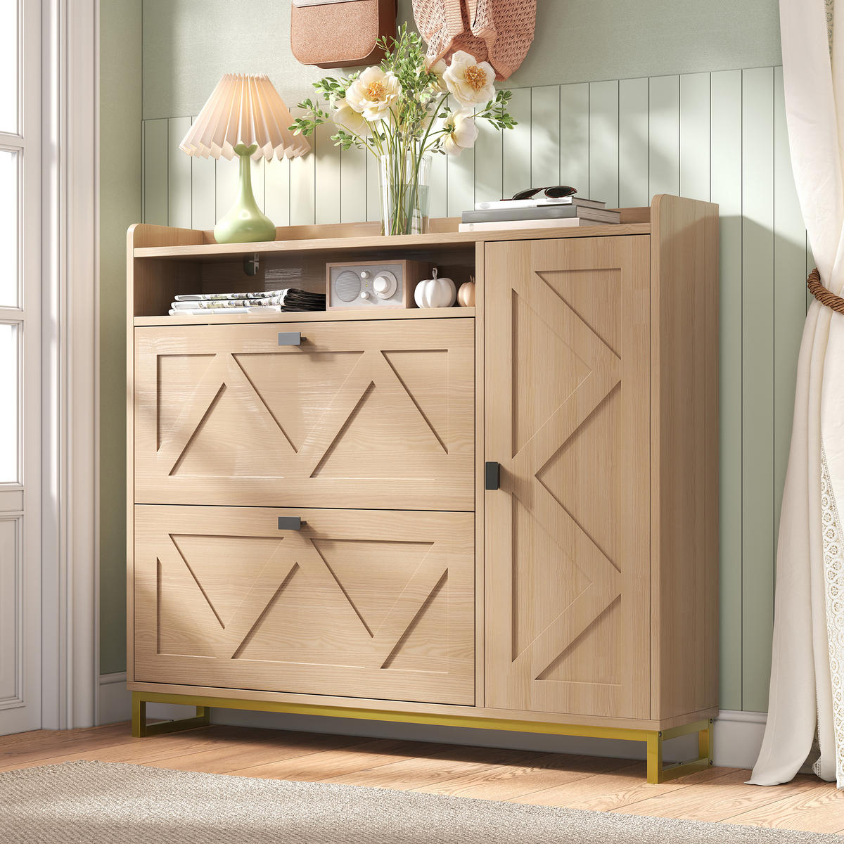 SCHUHSCHRANK Klappfach Seitenschrank Metallgestell - Naturfarben, Holz (110/100/24cm) - LEBENLANG