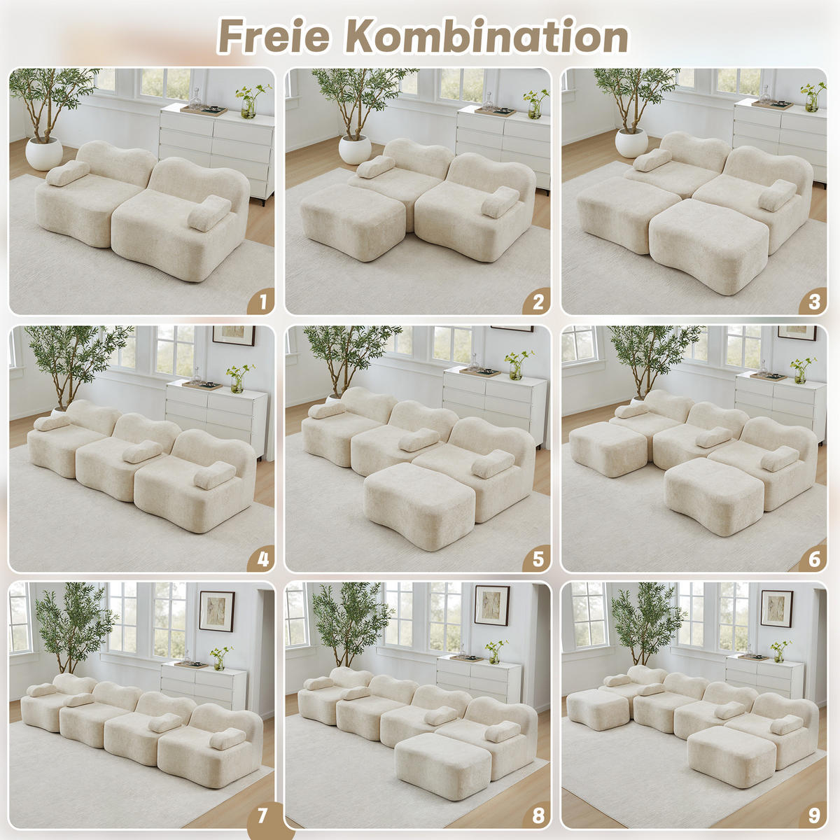SOFA 288/98/70 cm in Beige aus Samt, modular und rahmenlos - Beige, Textil (98/70/288cm) - Flora Grace