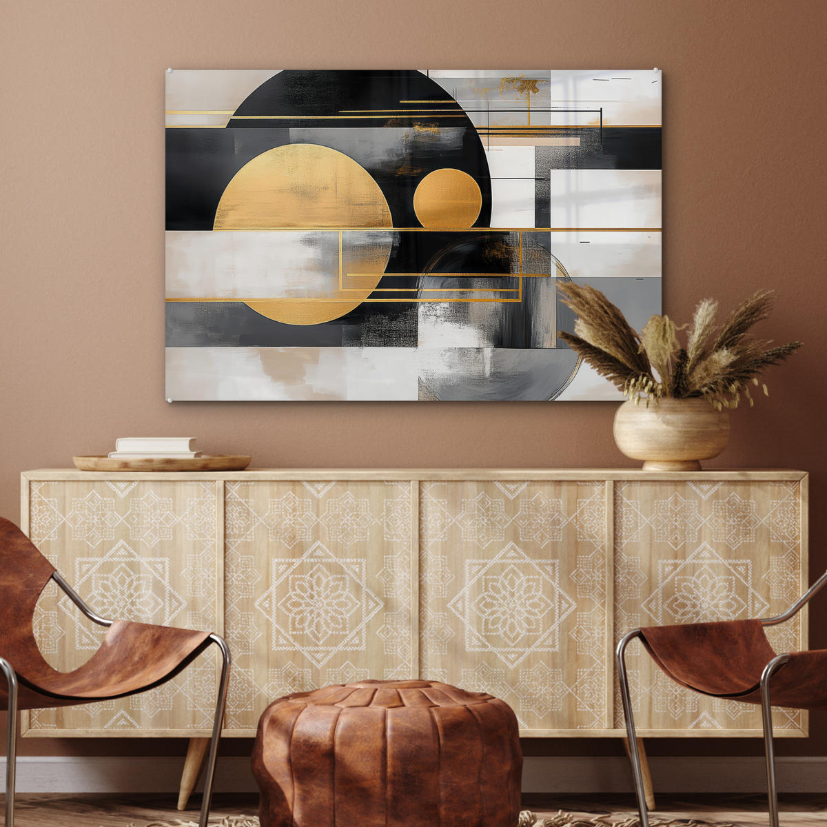 ACRYLGLASBILD Abstrakt - Gold - Silber - Formen - Ästhetisch - Modern 120x80 cm - Goldfarben, Glas (120/80cm) - MuchoWow