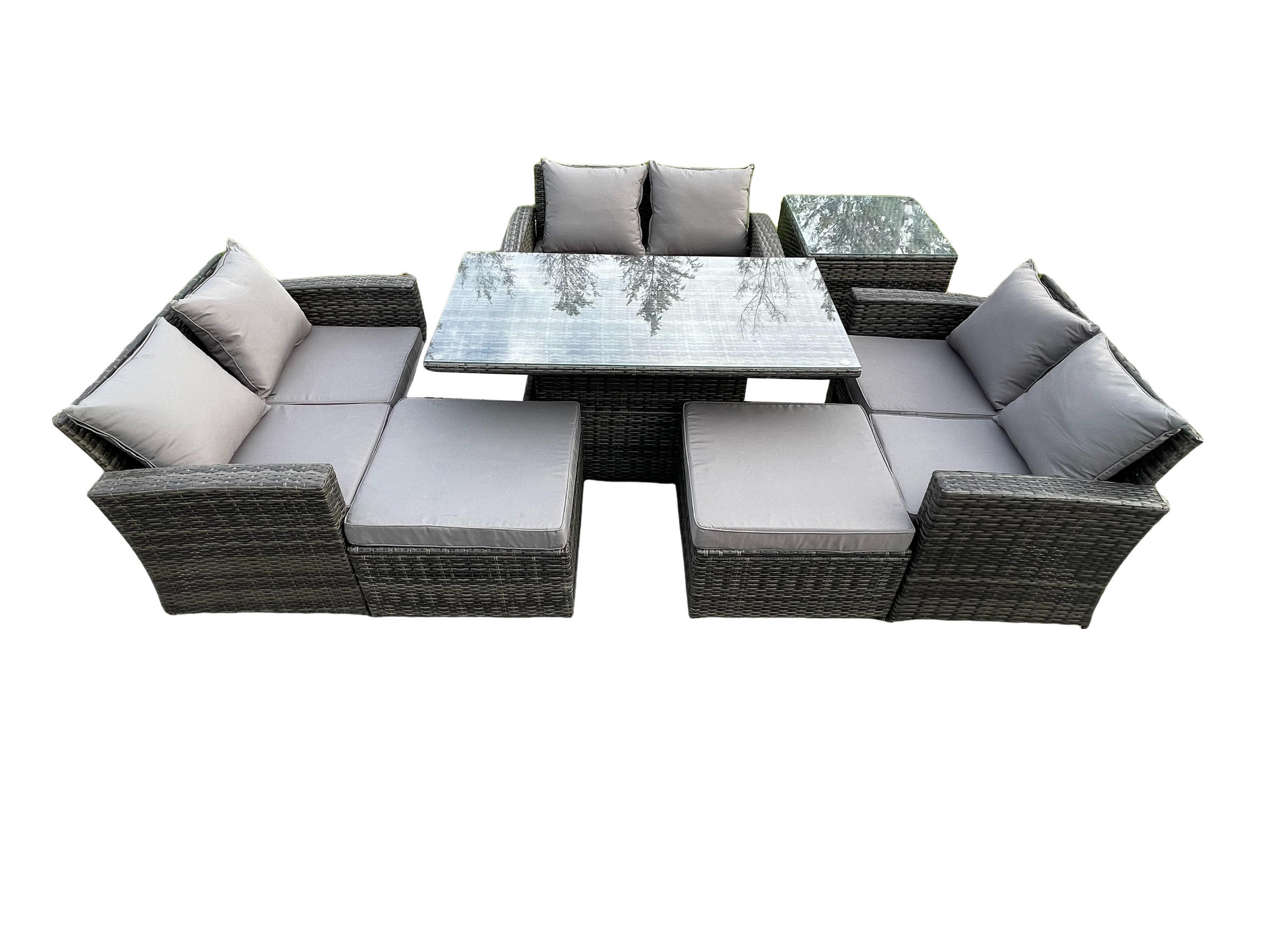 GARTENMÖBEL-SET HÖHENVERSTELLBARER ESSTISCH MIT DOPPELSITZ-SOFA 2 HOCKER BEISTELLTISCH Polyrattan Dunkelgrau Gemischt 8-Sitzer - Dunkelgrau, Metall - Fimous