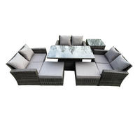 GARTENMÖBEL-SET HÖHENVERSTELLBARER ESSTISCH MIT DOPPELSITZ-SOFA 2 HOCKER BEISTELLTISCH Polyrattan Dunkelgrau Gemischt 8-Sitzer - Dunkelgrau, Metall - Fimous