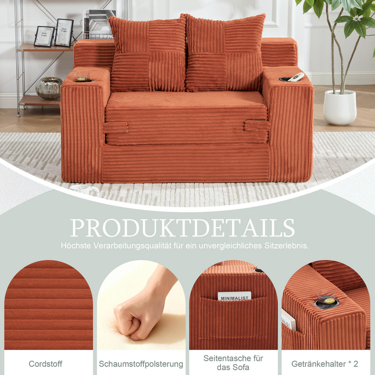 1,5-SITZER ausklappbar, Getränkehalter/Seitentasche, Cord, Orange - Orange, Textil (133/64/87cm) - LVHOM