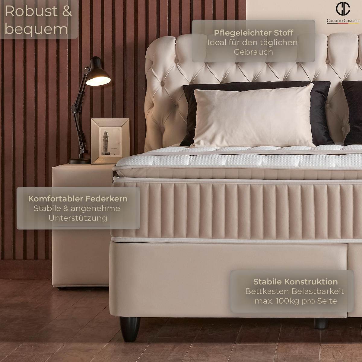 BOXSPRINGBETT MIT BETTKASTEN SIENA 140/200 cm, Beige, Bettkasten, Matratze, Topper integriert, H3 mittel, 7-Zonen Matratze - Beige/Schwarz, Holz/Kunststoff (140/200cm) - Consilio Concept