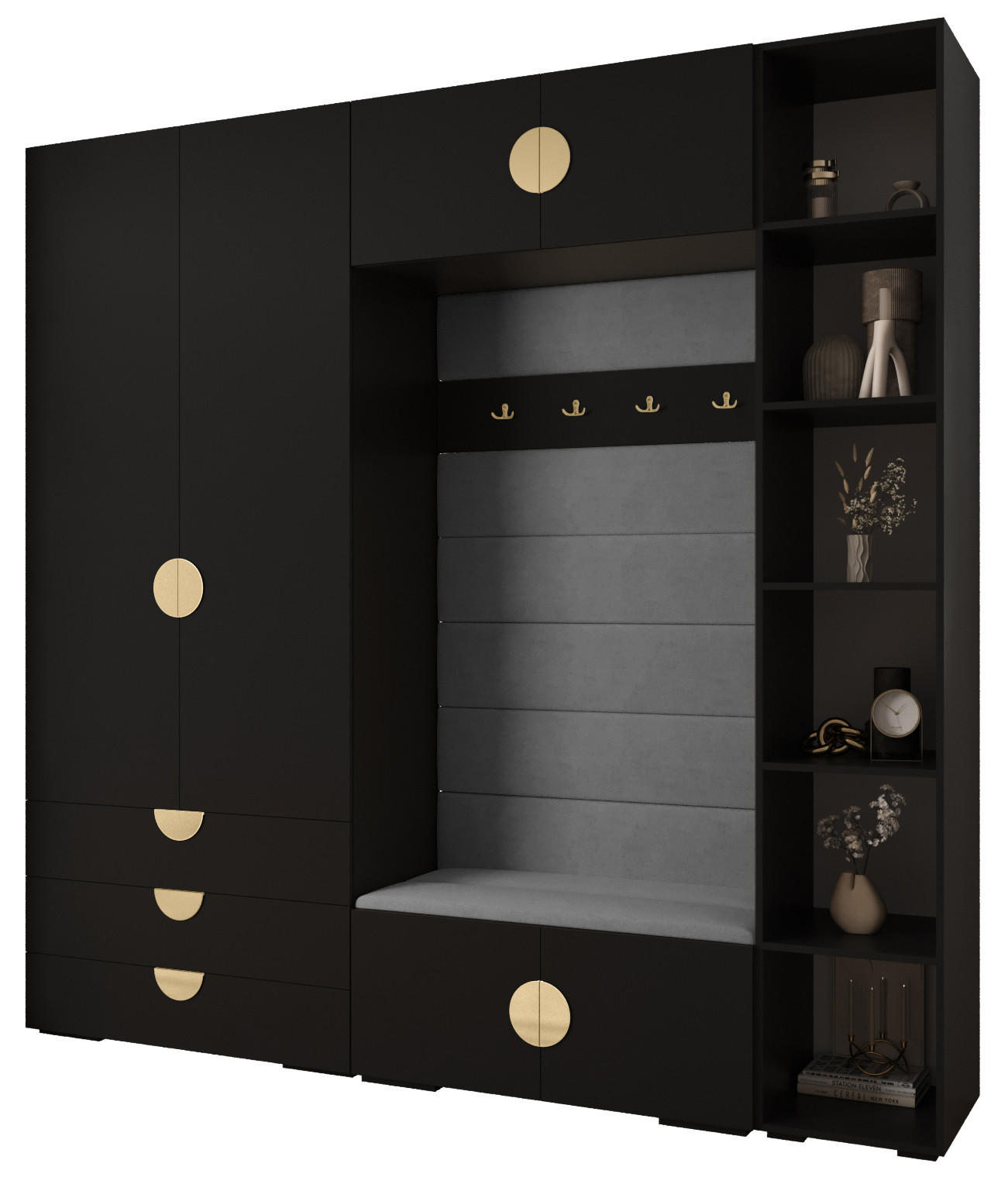 Abiks Möbel Garderoben-Set Schwarz, Grau, Gold 240x236.7x47 cm