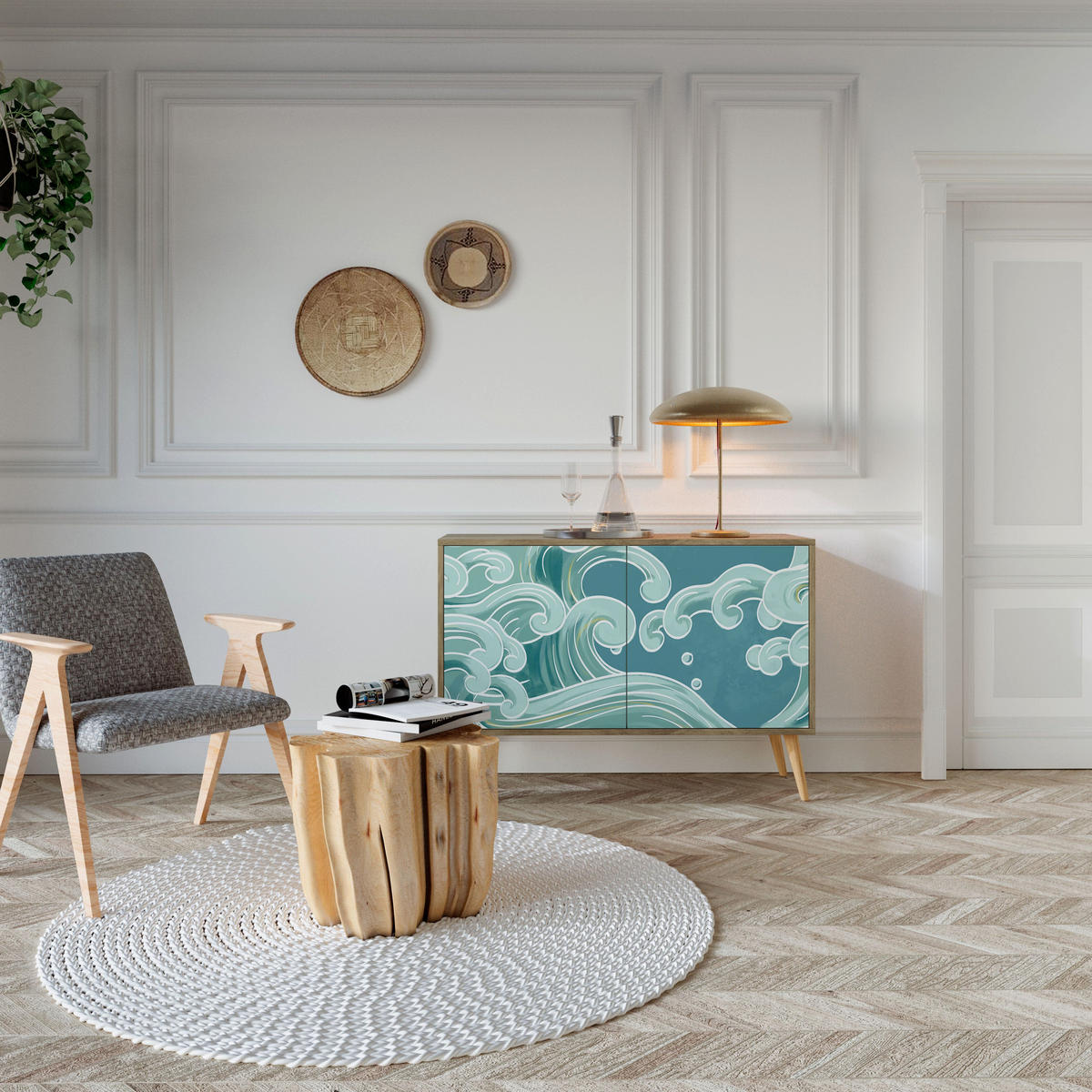 SIDEBOARD ASIAN SWAY, Eicheneffekt, 111x42x77,5 cm, 2 Türen - Eichefarben/Buchefarben, Holzwerkstoff/Buchenholz (111/77.5/42cm) - SpaceRebels