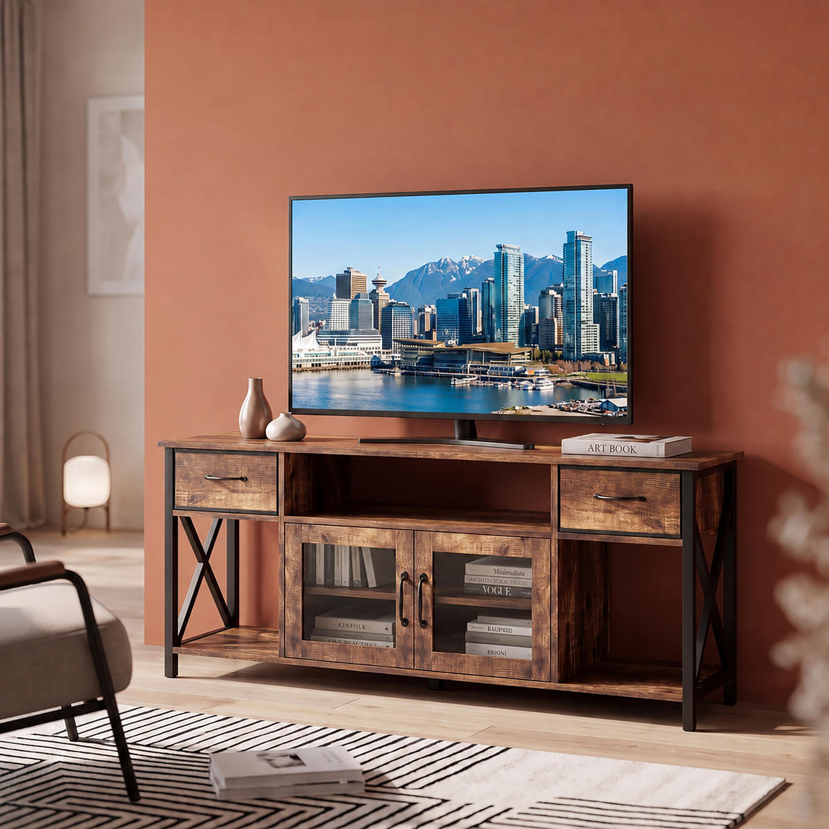 TV-LOWBOARD Braun Schwarz Industrial 140 cm - Braun, Holzwerkstoff/Textil (140/60/40cm) - Relaxdays