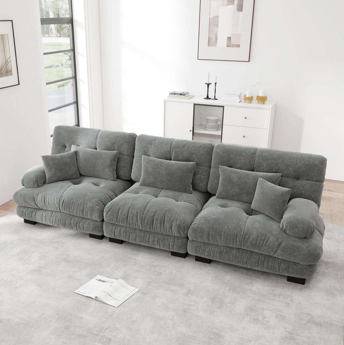 3-SITZER Sofa aus Chenille in Grau 313x77x81 cm mit tiefem Sitz - Grau, Textil (313/81/77cm) - IVMEU