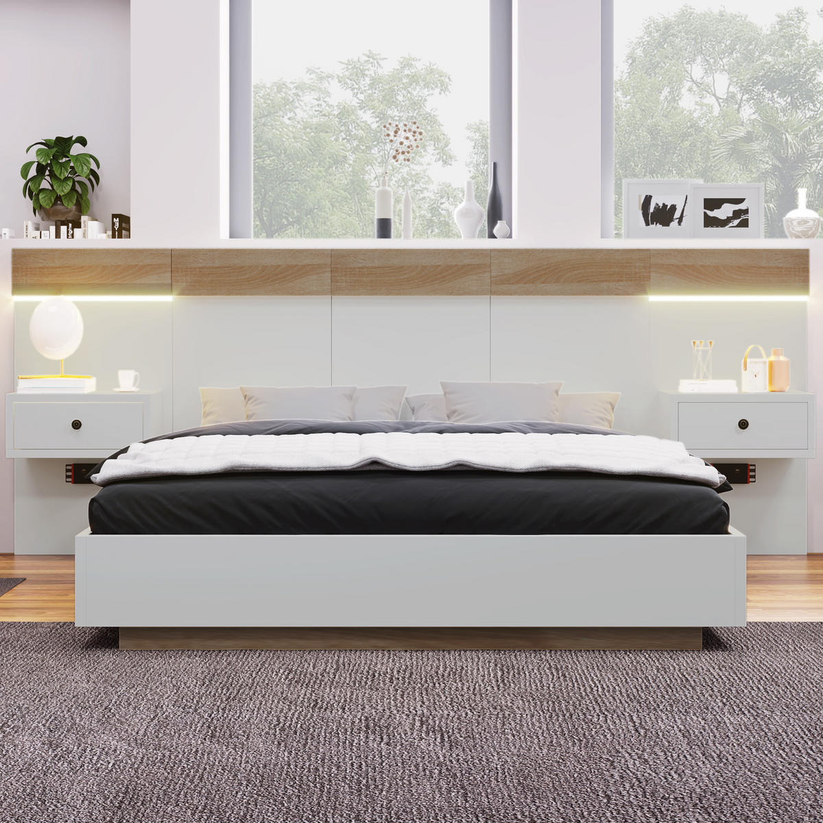 DOPPELBETT 140/200 cm Weiß aus Holzwerkstoff mit LED-Nachttischen und USB-C - Weiß, Holzwerkstoff (140/200cm) - OKWISH
