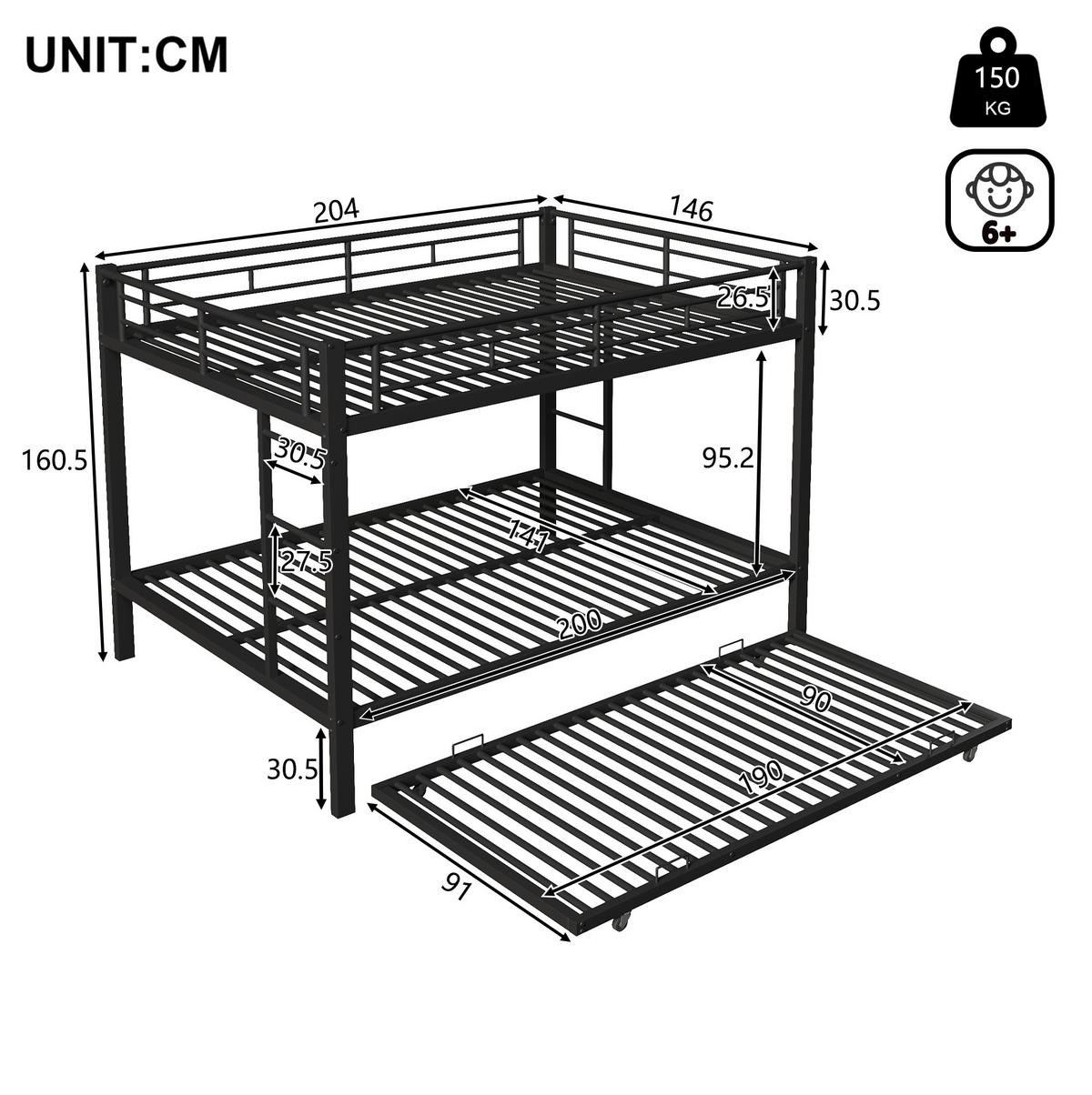 ETAGENBETT 140/200 cm aus Metall mit Ausziehbett und hohem Geländer Schwarz - Schwarz, Metall (140/200cm) - Modenvie