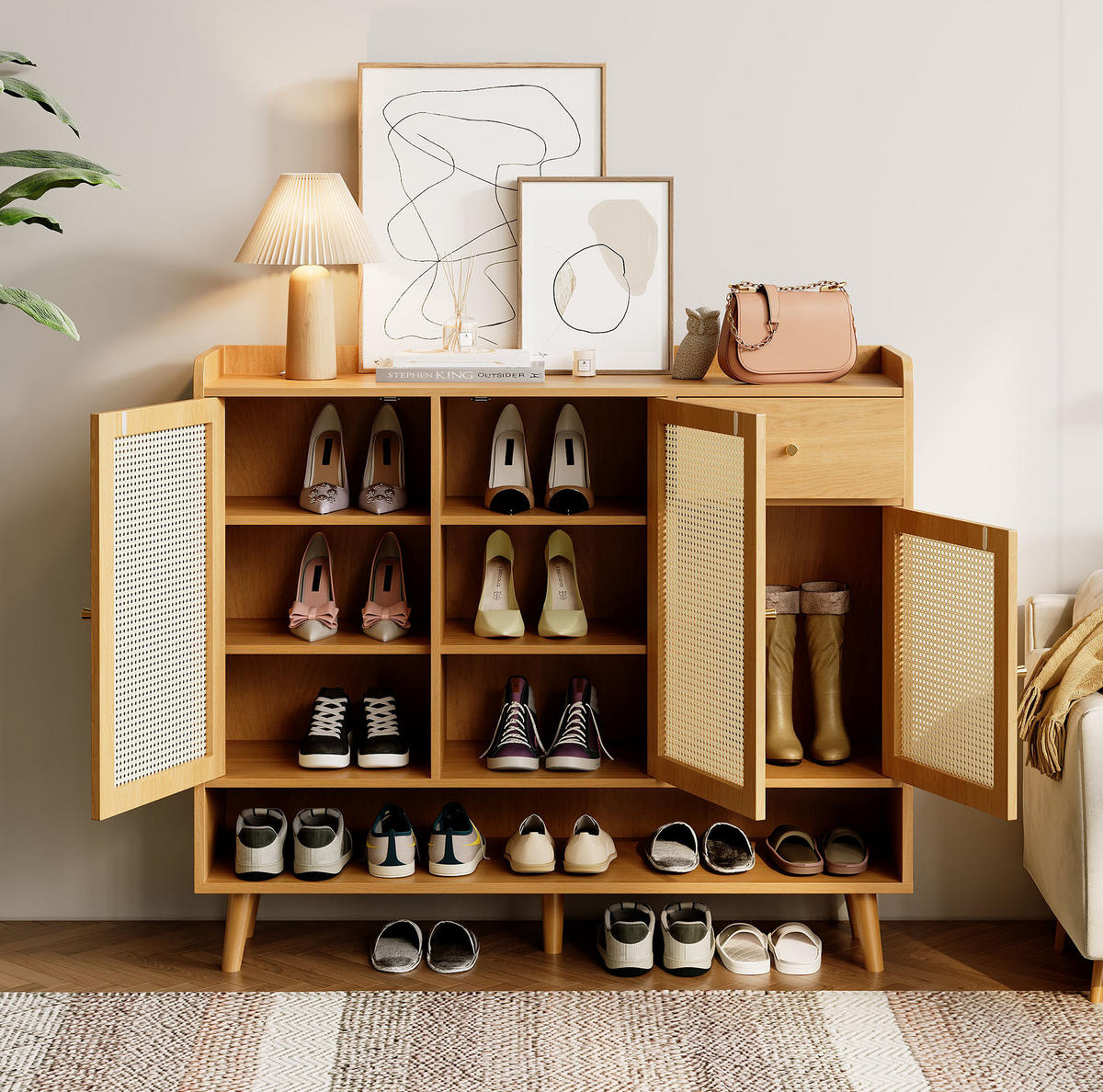 SCHUHSCHRANK aus Spanplatte 120x35x106cm in Natural mit 3 Türen & Schublade - Naturfarben, Holzwerkstoff (35/106/120cm) - Modfu