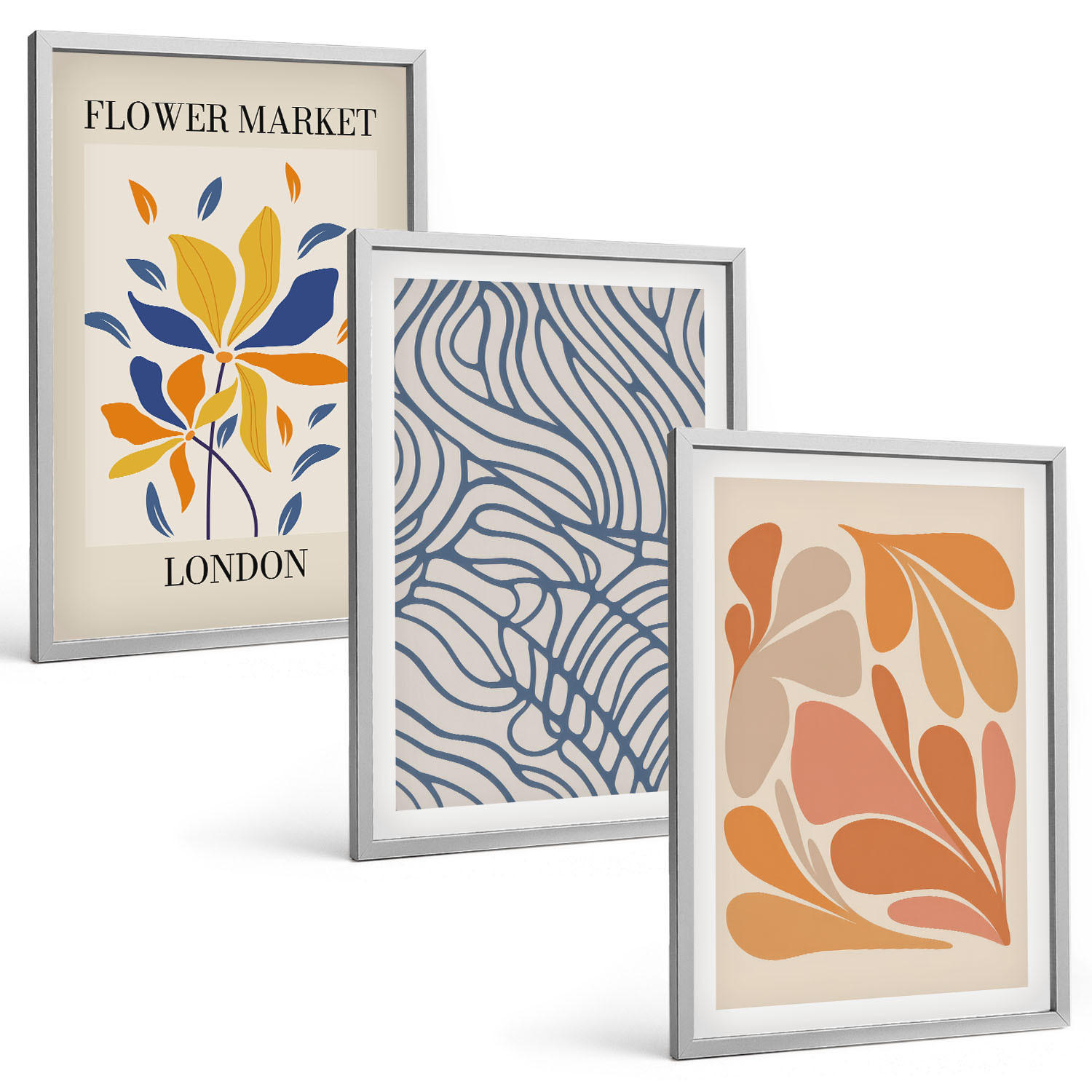 BILDER SET 3er Set - 40x60 cm Silberner Rahmen - Moderne abstrakte Blumen - Silberfarben, Kunststoff (40/60cm) - TULUP
