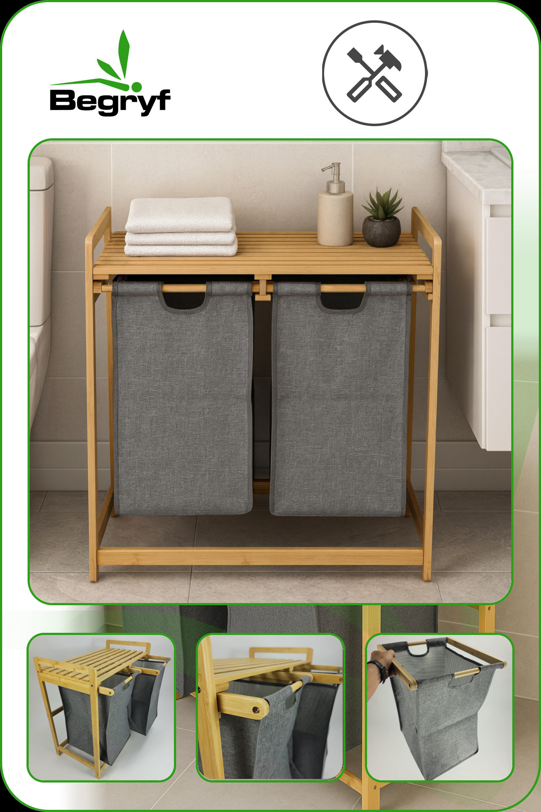 WÄSCHEKORB Bambus Textil Dunkelgrau Naturfarben 2 Kammern 70x35x68 cm - Dunkelgrau/Naturfarben, Holz/Textil (70/68/36.5cm) - Begryf