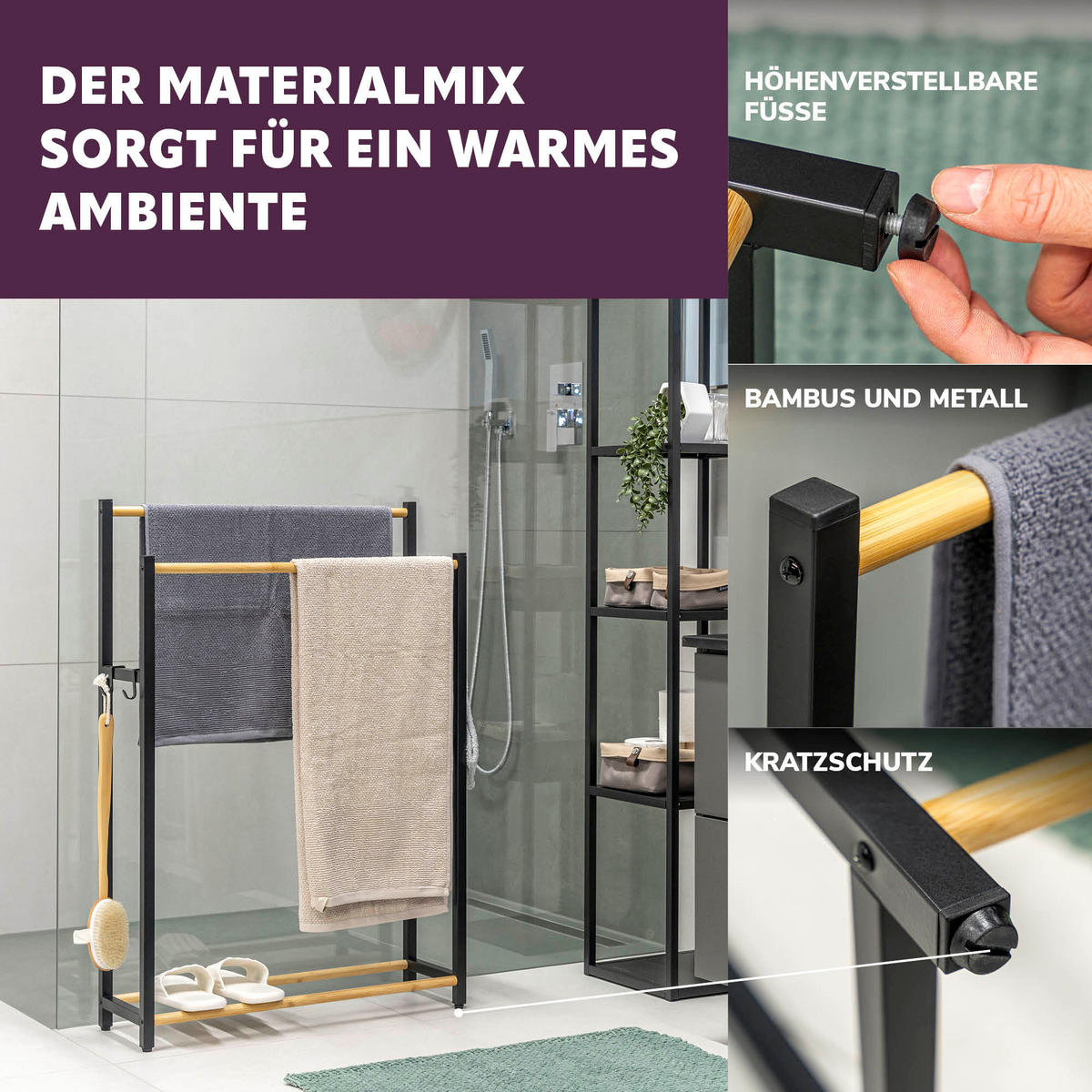 STAND-HANDTUCHHALTER, Metall, schwarz - Schwarz, Metall (65/21/96cm) - eluno