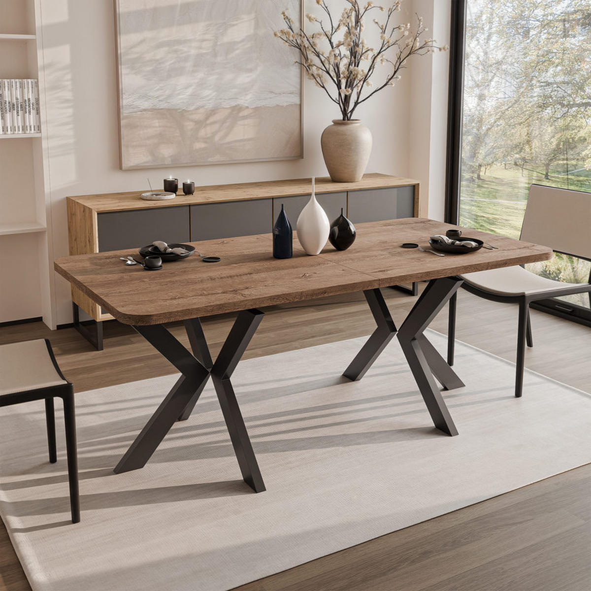 AUSZIEHTISCH DANTON 200/100/76 cm, Schwarz / Lefkas-Eiche - Schwarz/Eiche San Remo, Holzwerkstoff/Metall (100/200/76cm) - Idohome
