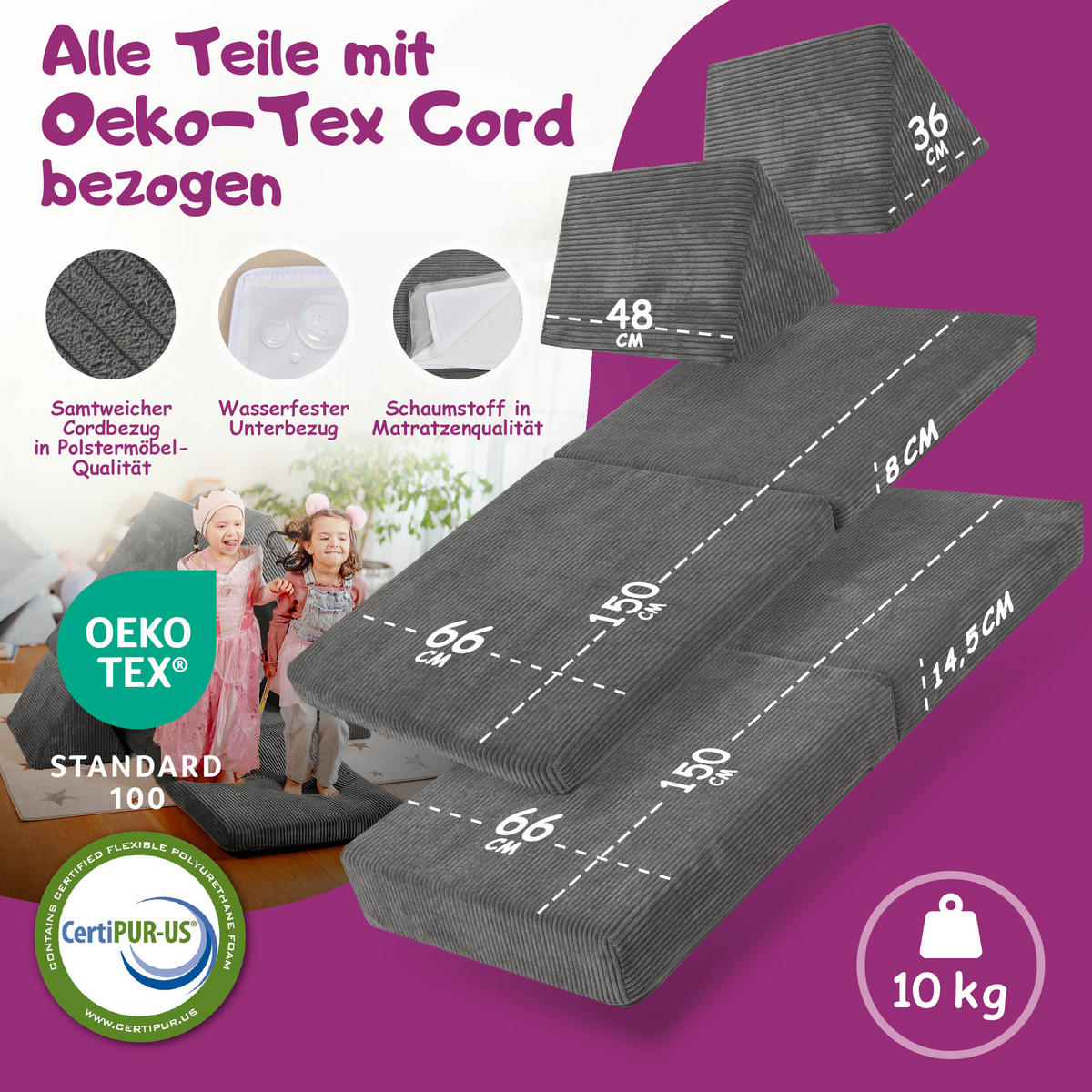 KINDERSOFA Spielparadies - Dunkelgrau, Textil (66/52/150cm) - Linodino