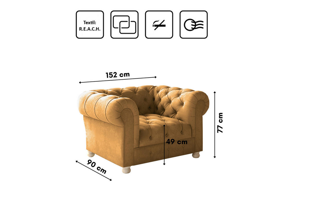 SITZGARNITUR CHESTERFIELD 2+1+1 Elegant Klassisch Schick Stoff Whisper Kupfer - Kupferfarben, Holz (152/77/90cm) - Kaiser Möbel