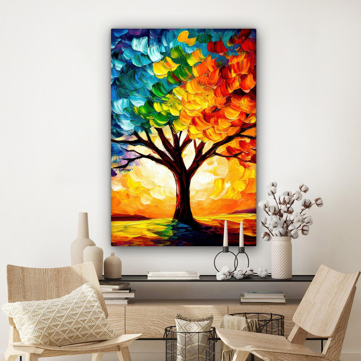 LEINWANDBILD - Baum - Kunst - Natur - Sonnenuntergang - 80x120 - Wanddeko - Multicolor, Textil (80/120cm) - MuchoWow