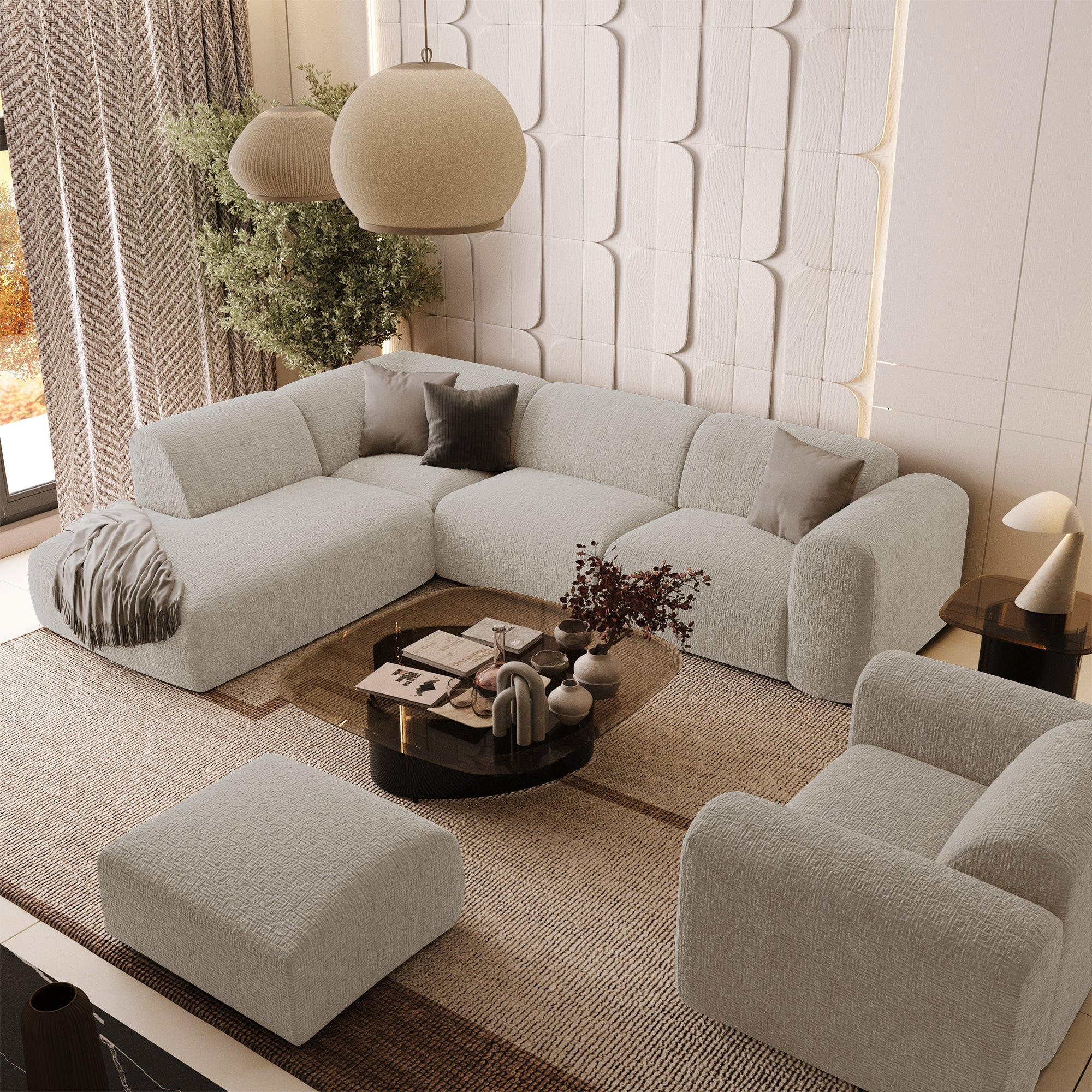 ECKSOFA LINKS Gemusterter Samt Beige 269cm - Beige, Textil (221/269cm) - Sia Home