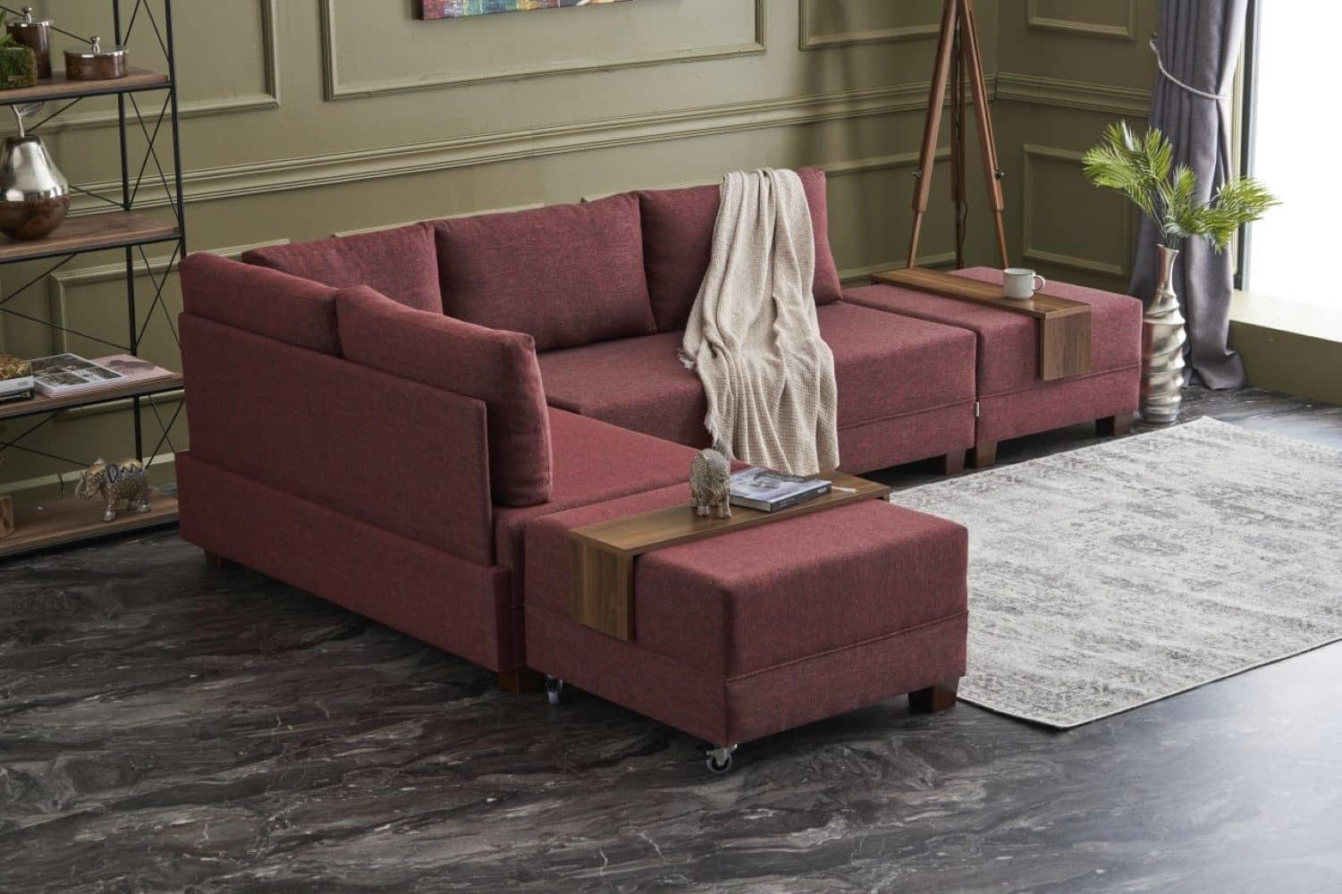 ECKSOFA mit rollbarer Schlaffunktion - Rot/Walnussfarben, Holz/Textil (280/210cm) - myHomelando