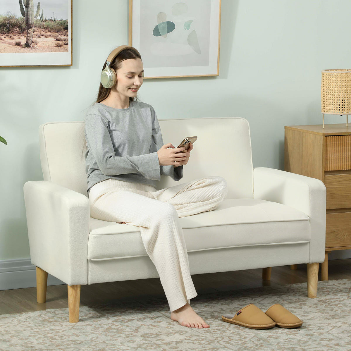 SOFA Polyester Gummiholz Cremeweiß - Creme/Naturfarben, Holz/Textil (74.5/82/130cm) - HOMCOM