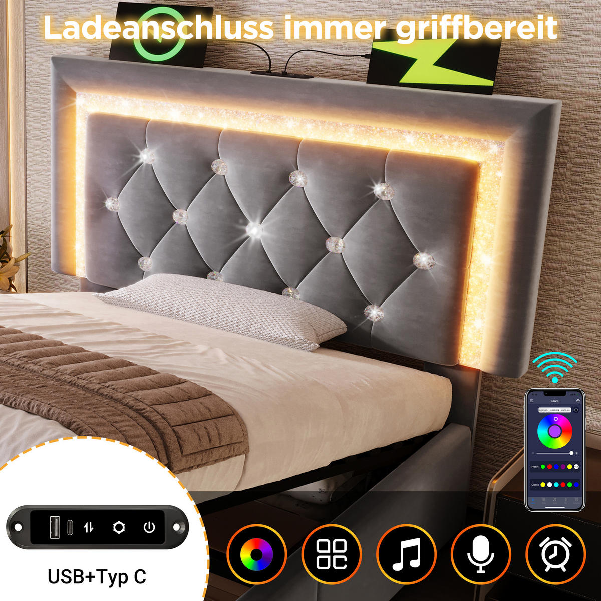 POLSTERBETT 90/200 cm Grau aus Samt mit LED-Beleuchtung und Bettkasten - Grau, Textil (90/200cm) - OKWISH