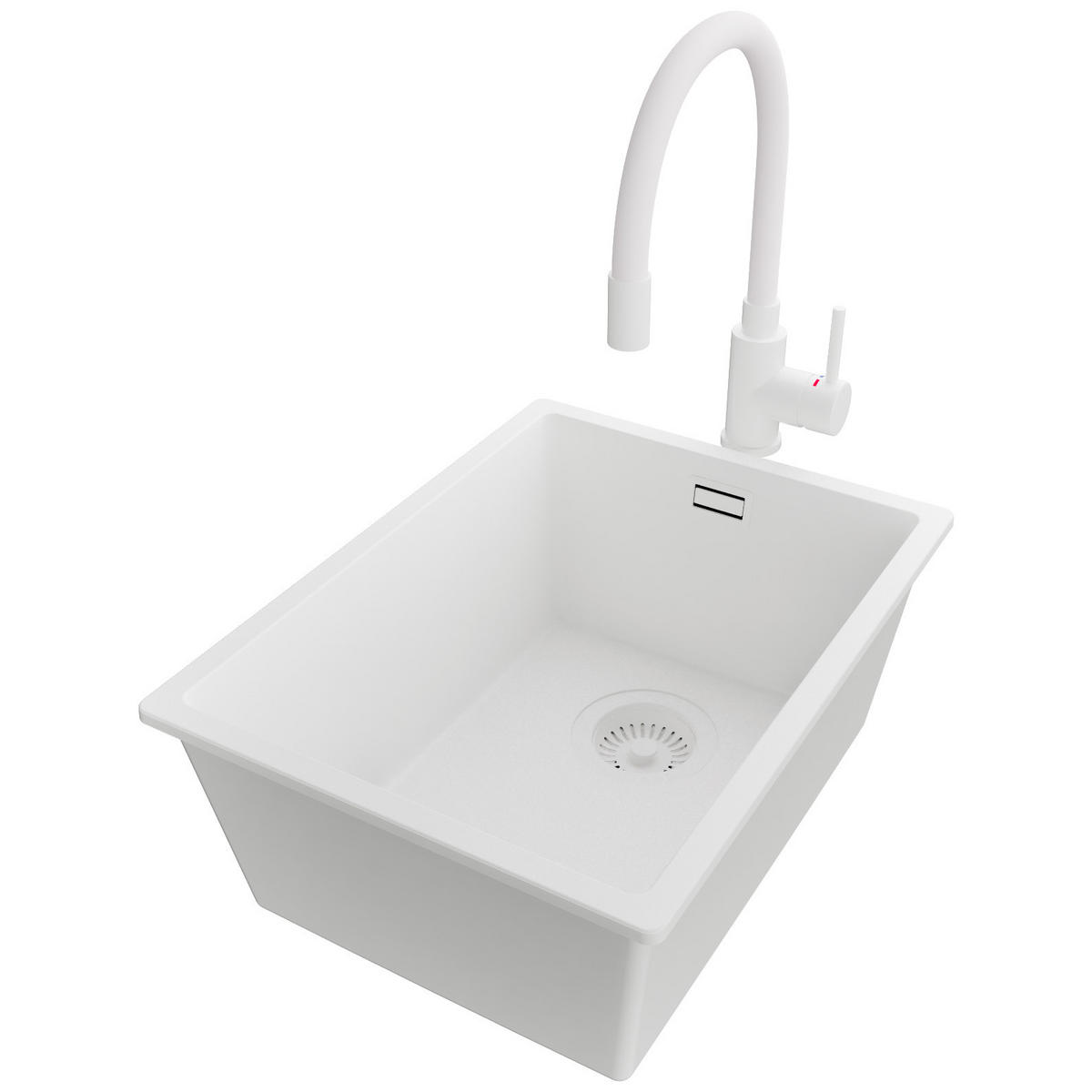 UNTERBAUSPÜLE GRANIT London, 2-er set Alles Weiß 36/47 cm 1 Becken + Küchenarmatur 38/14 cm + Ablauf-Set ab 40er Unterschrank - Weiß, Kunststoff (36/20/47cm) - Primagran