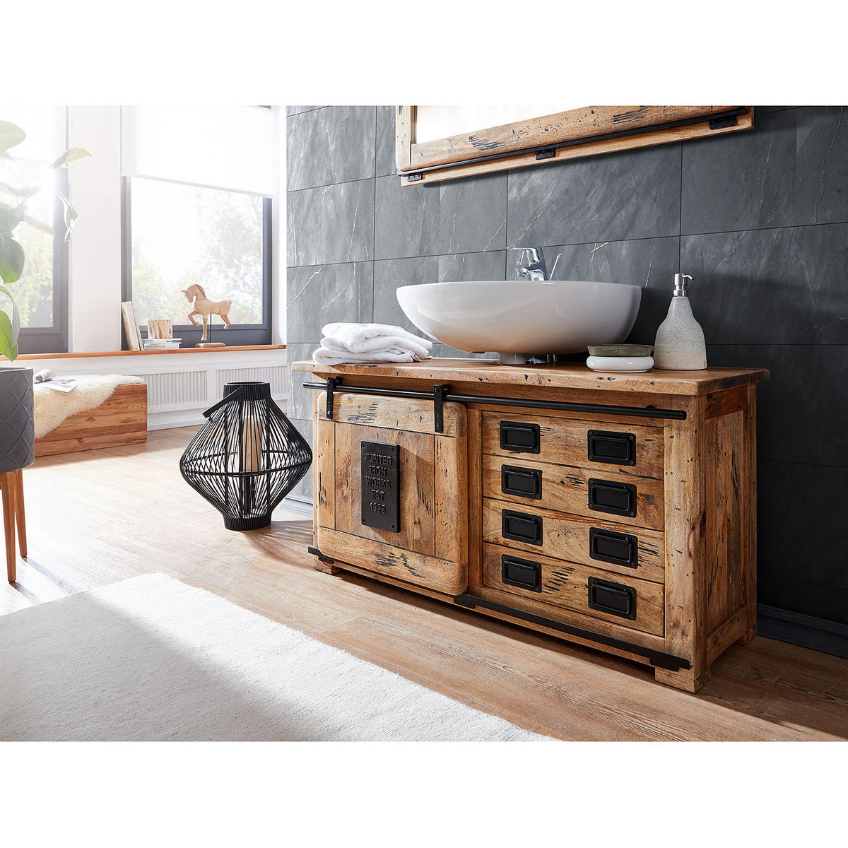 WASCHBECKENUNTERSCHRANK - Mango massiv / Eisen - Mango / Schwarz - Braun, Holz/Metall (120/60/40cm) - home24