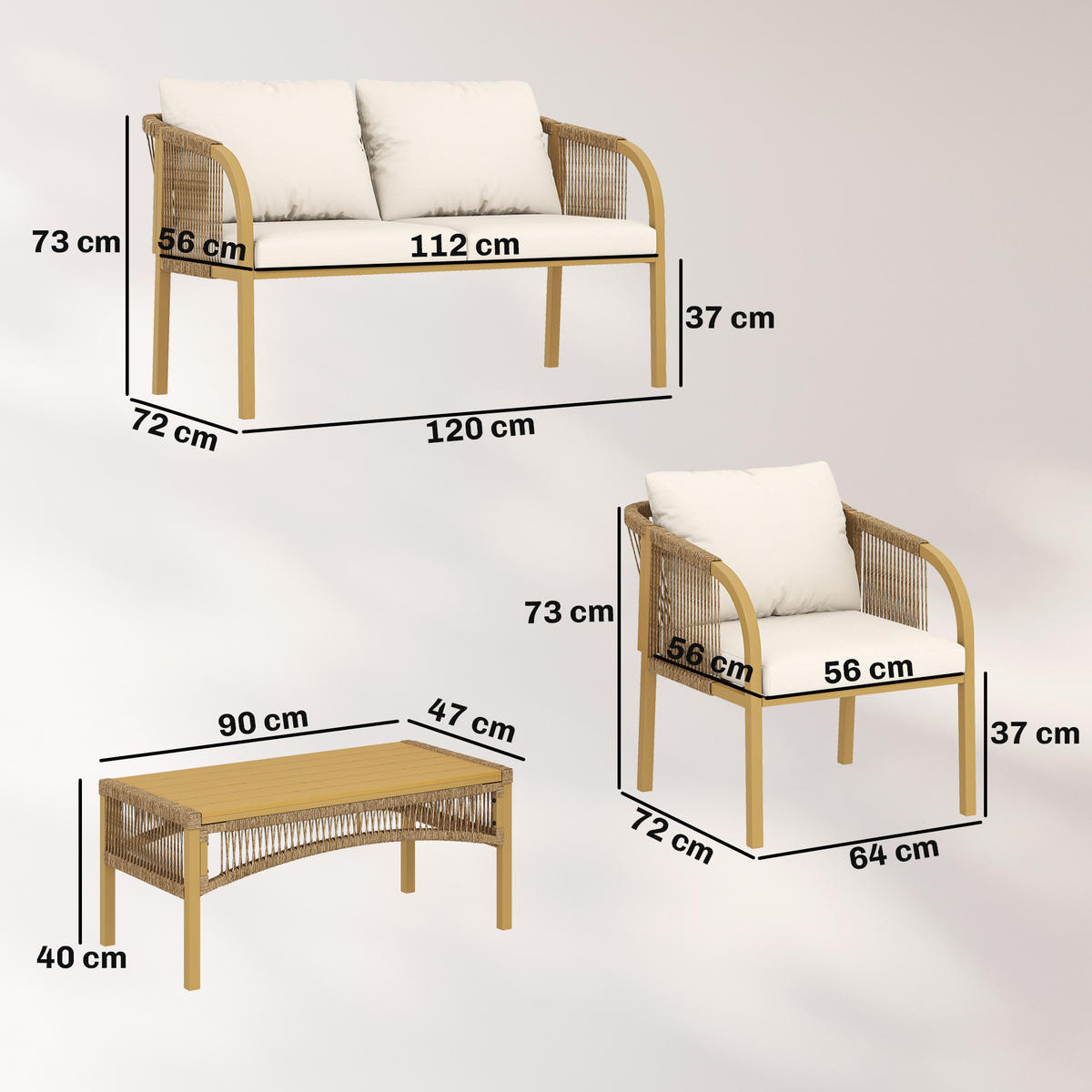 GARTENLOUNGE-SET 4tlg. DE-13719 mit Sofa & 2 Sesseln Kaki - Mokka, Metall - ComfortXL