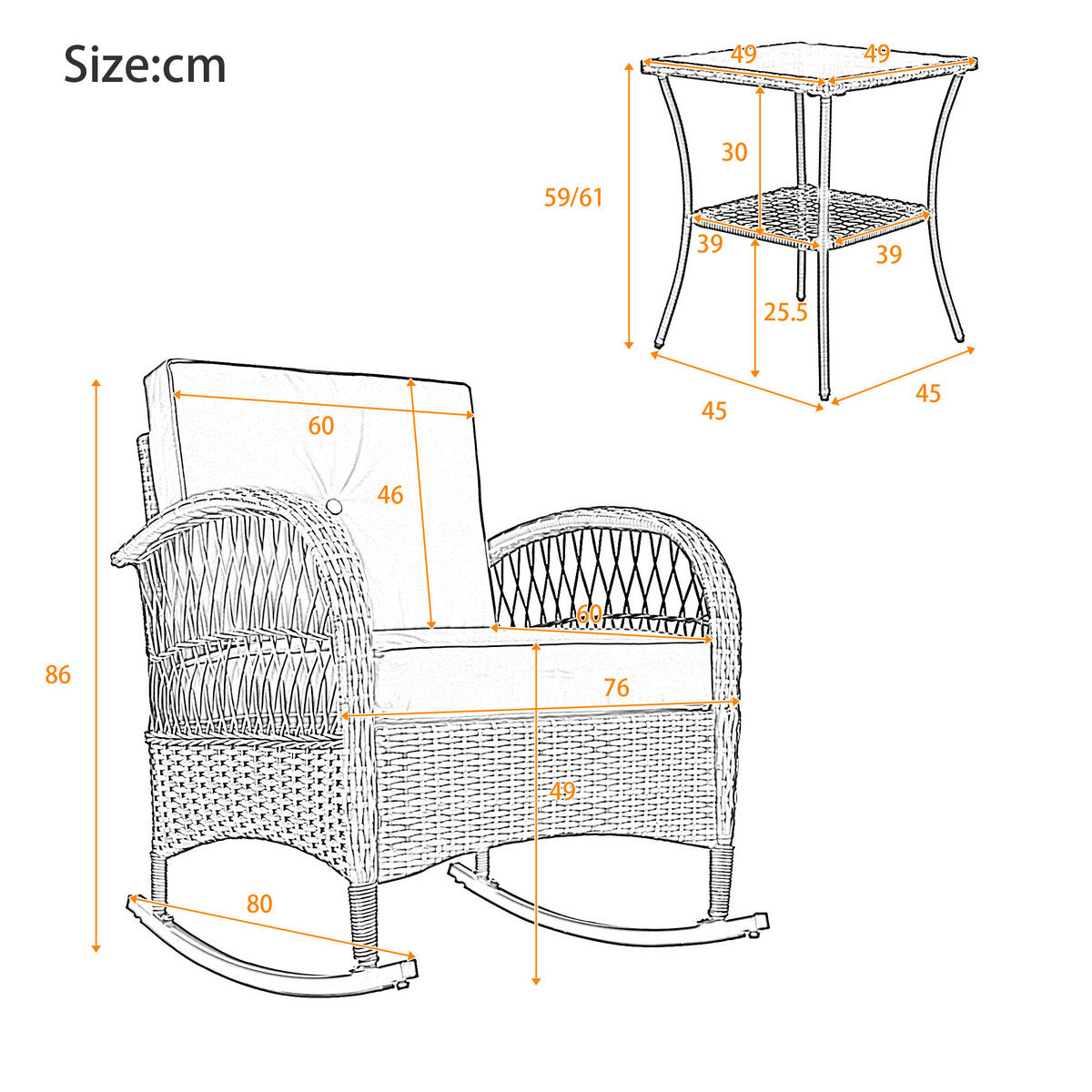 GARTENSETS aus Rattan Grau mit Schaukelstühlen & Glastisch - Grau, Metall - Modfu